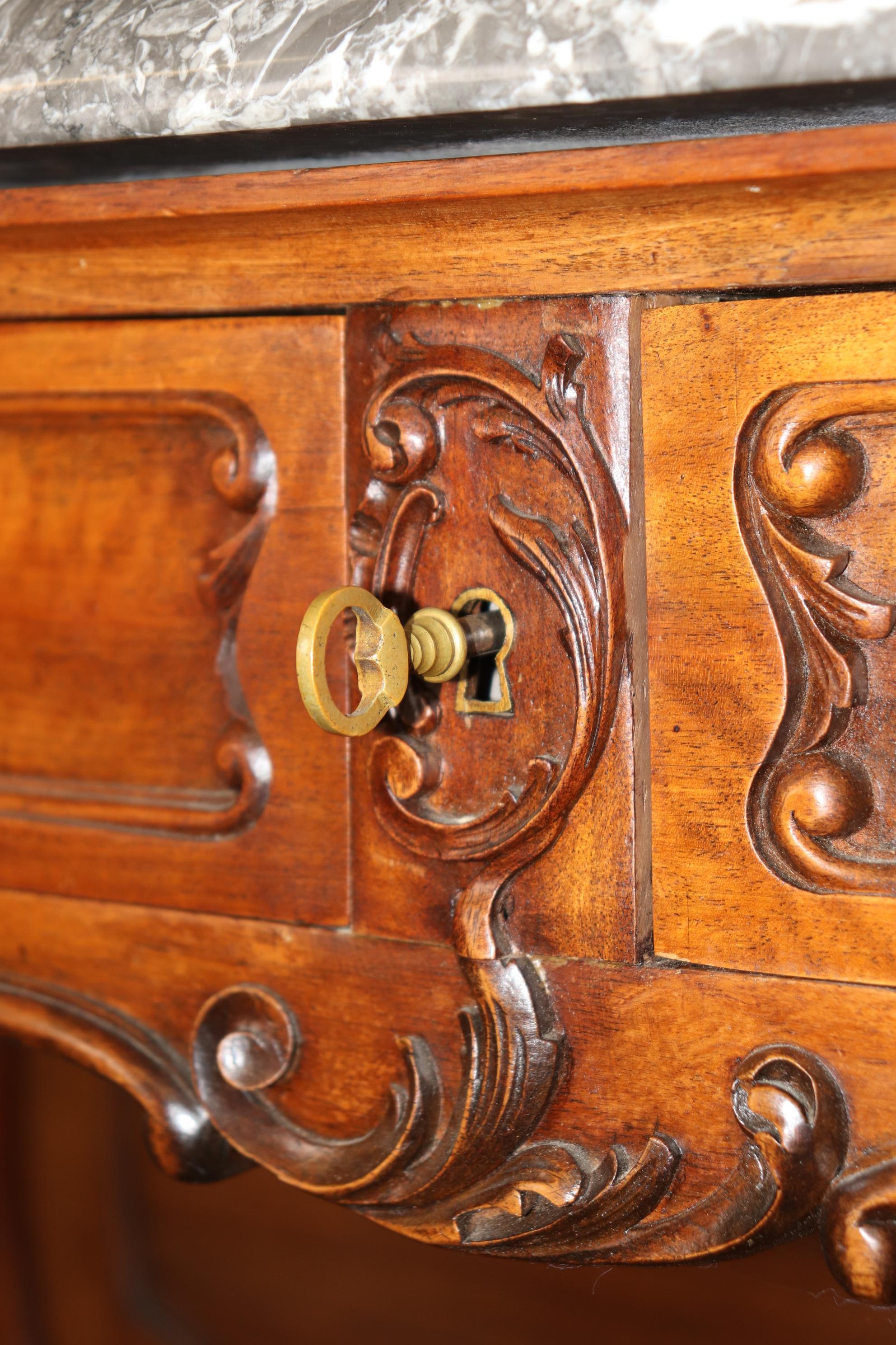 Superb Carved Walnut Marble Top French Two Tier Open Buffet Console Table For Sale 8