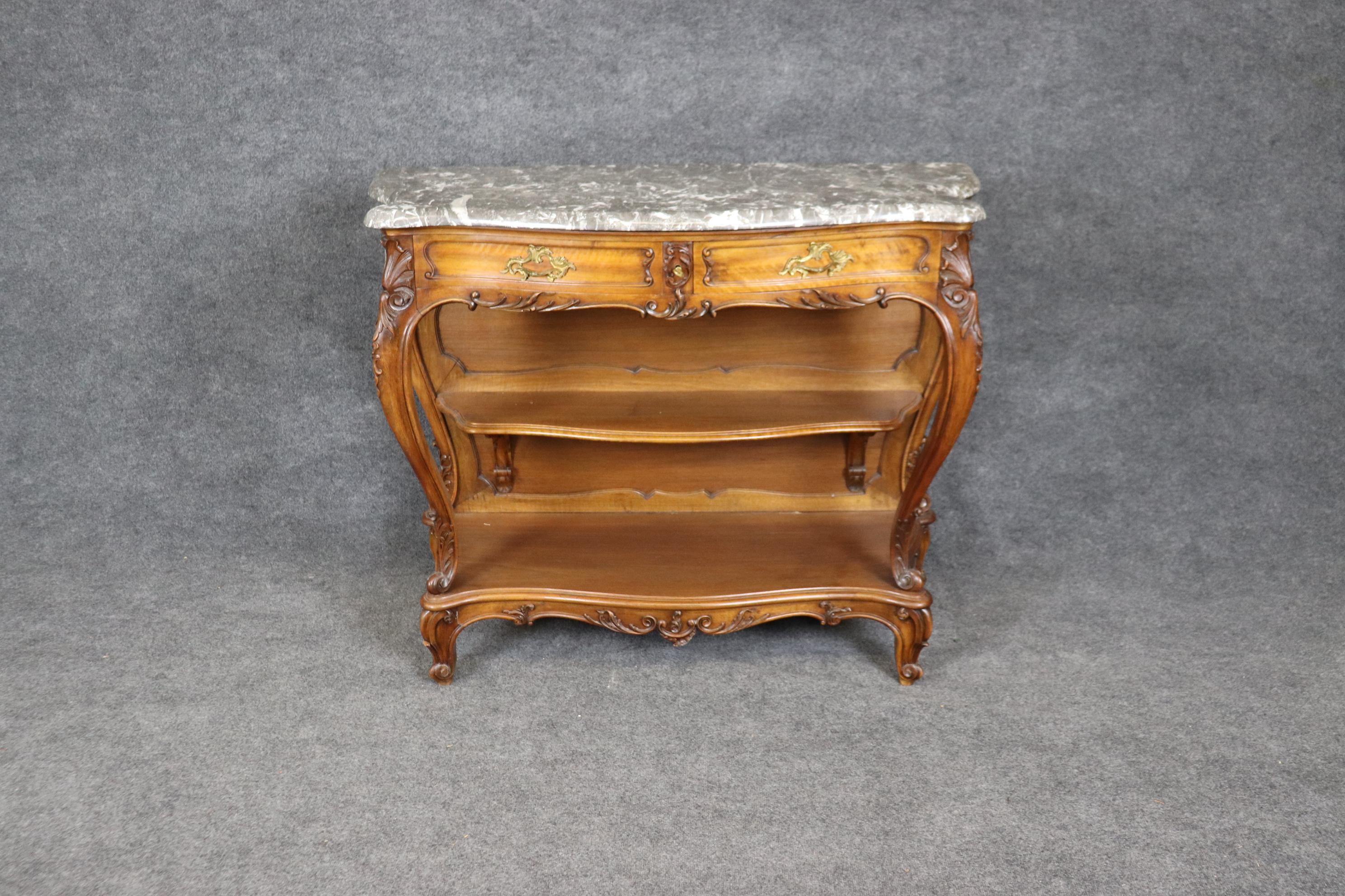 Louis XV Superb Carved Walnut Marble Top French Two Tier Open Buffet Console Table For Sale