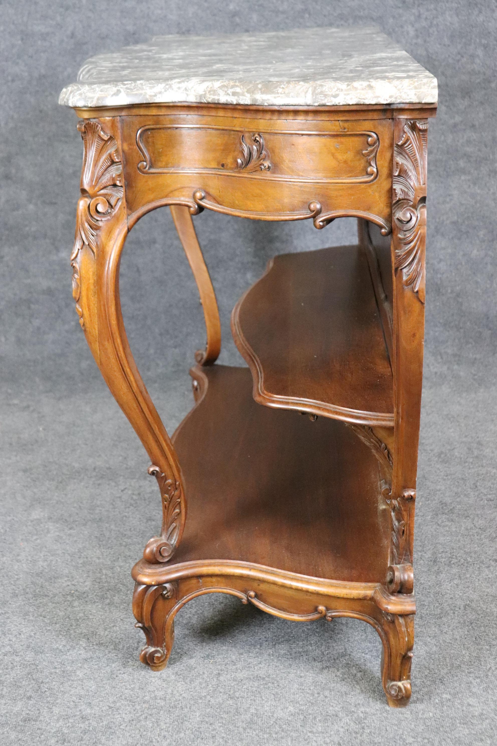 Brass Superb Carved Walnut Marble Top French Two Tier Open Buffet Console Table For Sale