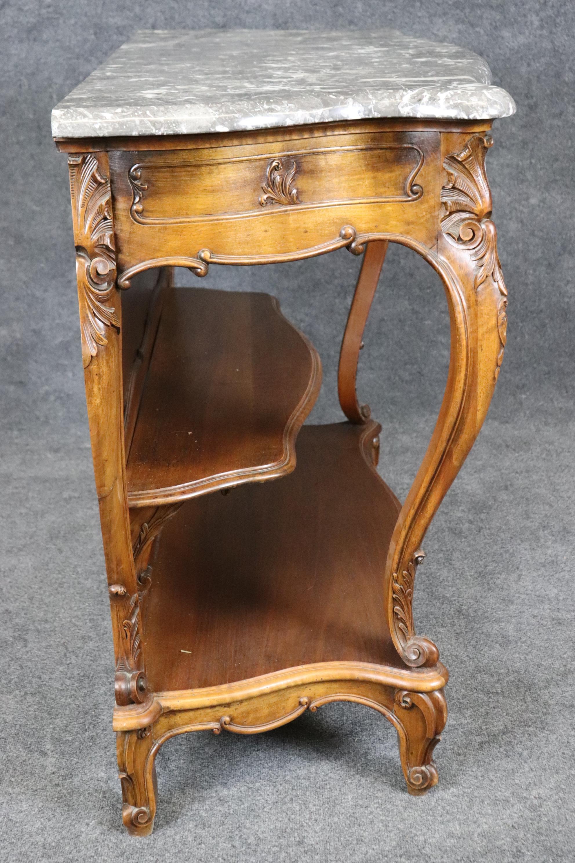 Superb Carved Walnut Marble Top French Two Tier Open Buffet Console Table For Sale 1