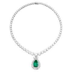 Superb Certified 50 Carat Natural Green Emerald Diamond Gold Necklace