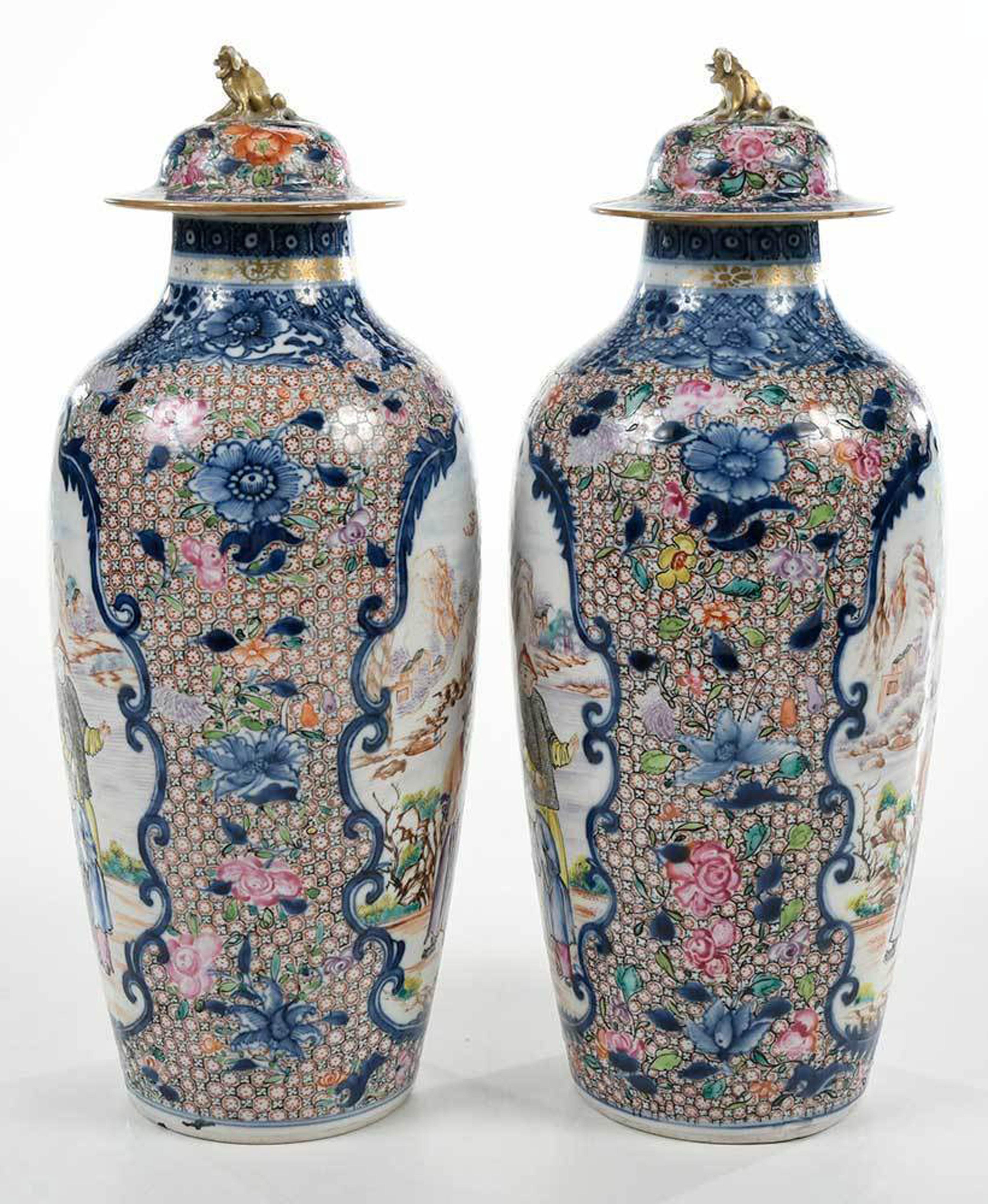 Superb Chinese Export Porcelain Mandarin Vases & Covers, circa 1780 6