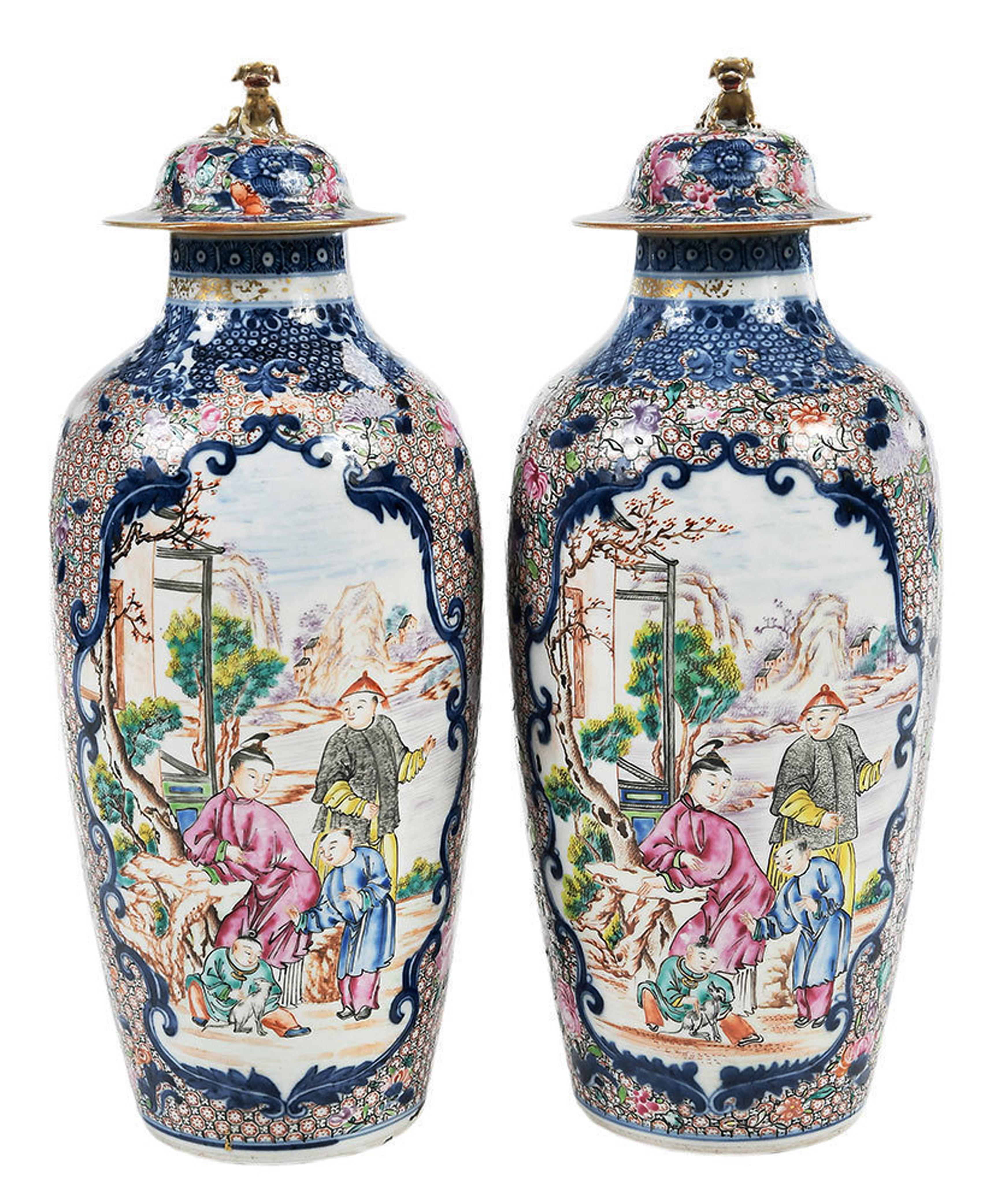 Superb Chinese Export Porcelain Mandarin Vases & Covers, circa 1780 7