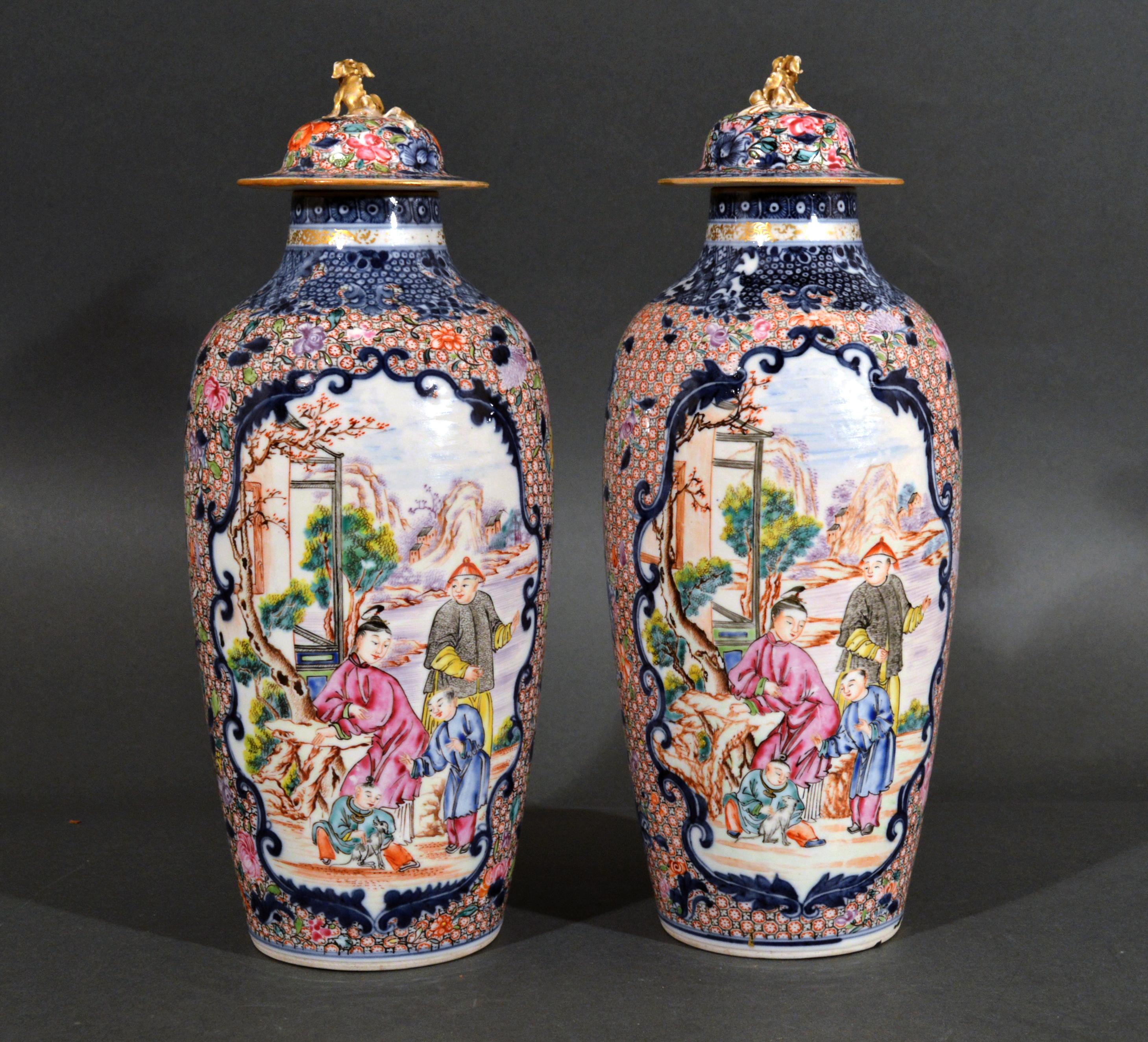 Chinese Export Porcelain Mandarin vases and covers,
circa 1780

The Chinese Export Ovid-form vases and covers are finely enameled with well painted panels and the most amazing diaper ground. 

One side has a large shaped oval panel with a large