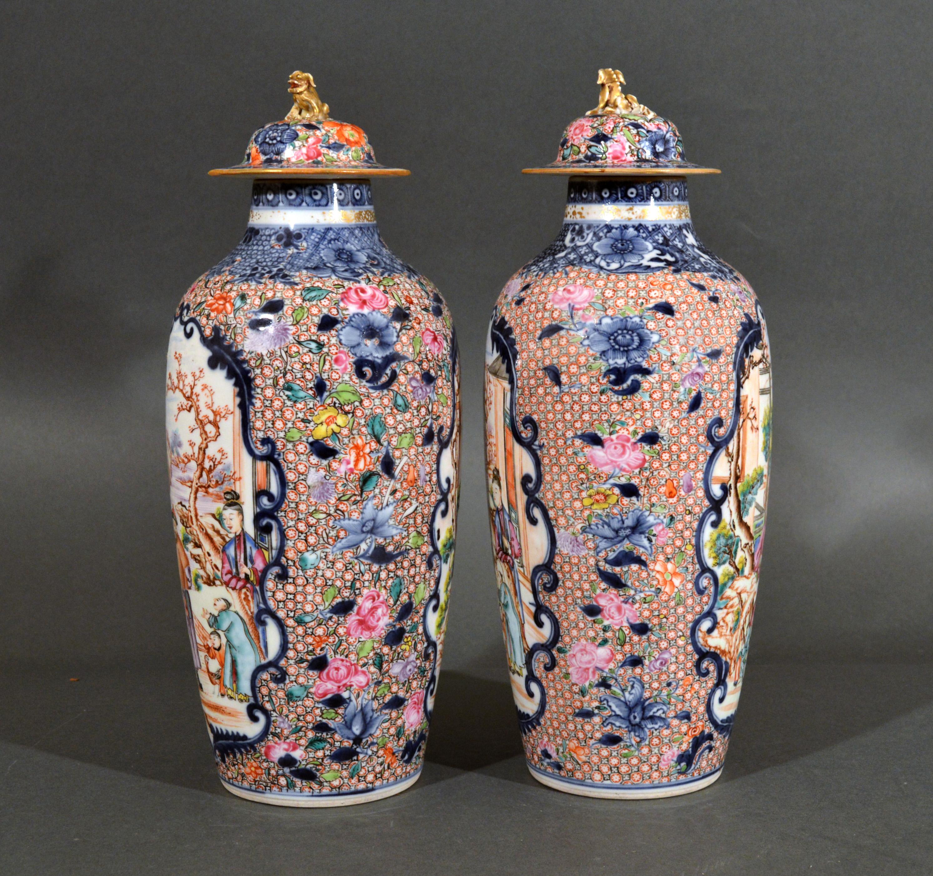 Superb Chinese Export Porcelain Mandarin Vases & Covers, circa 1780 In Good Condition In Downingtown, PA