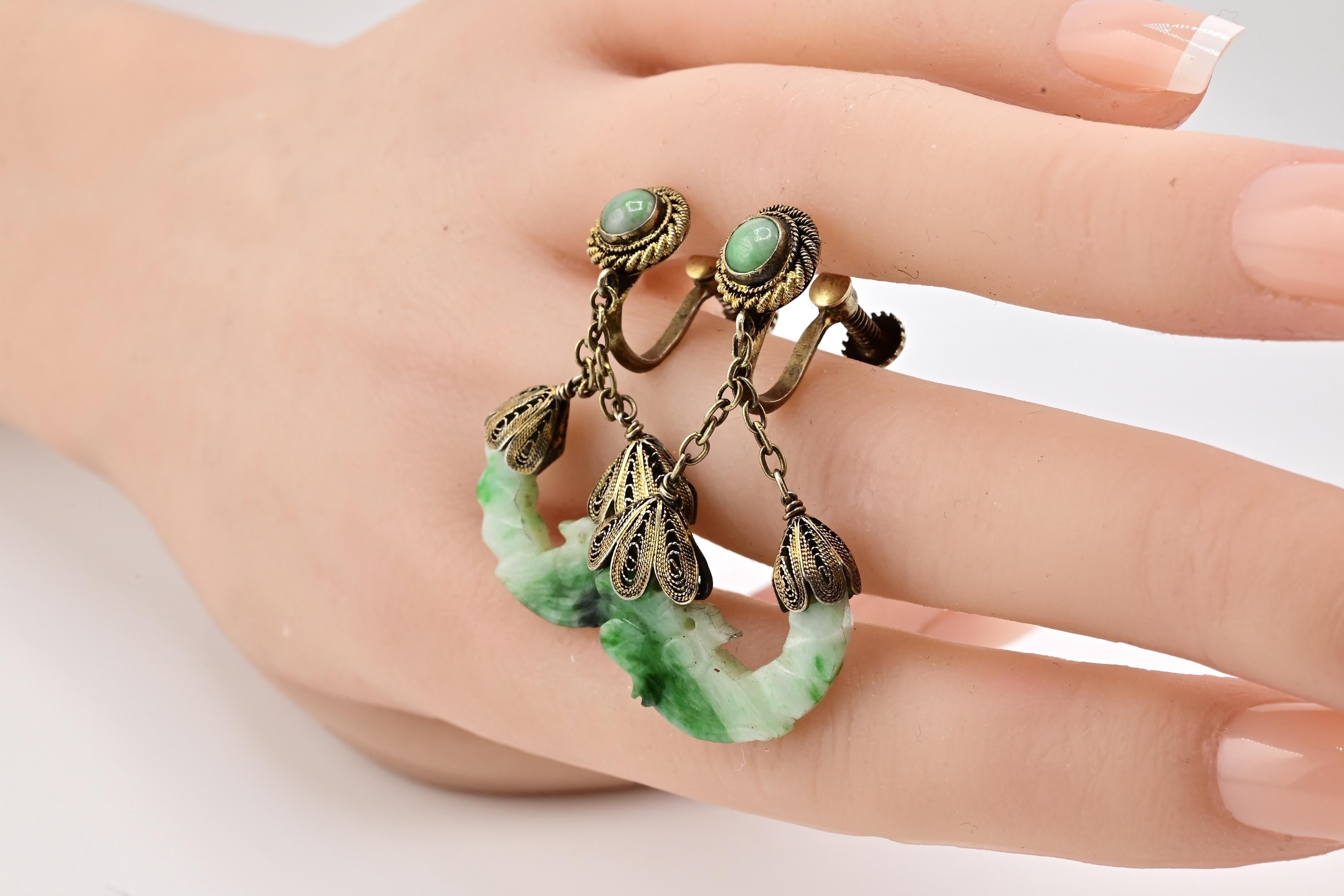 Tumbled Superb Chinese Green Jade & Silver Filigree Earrings