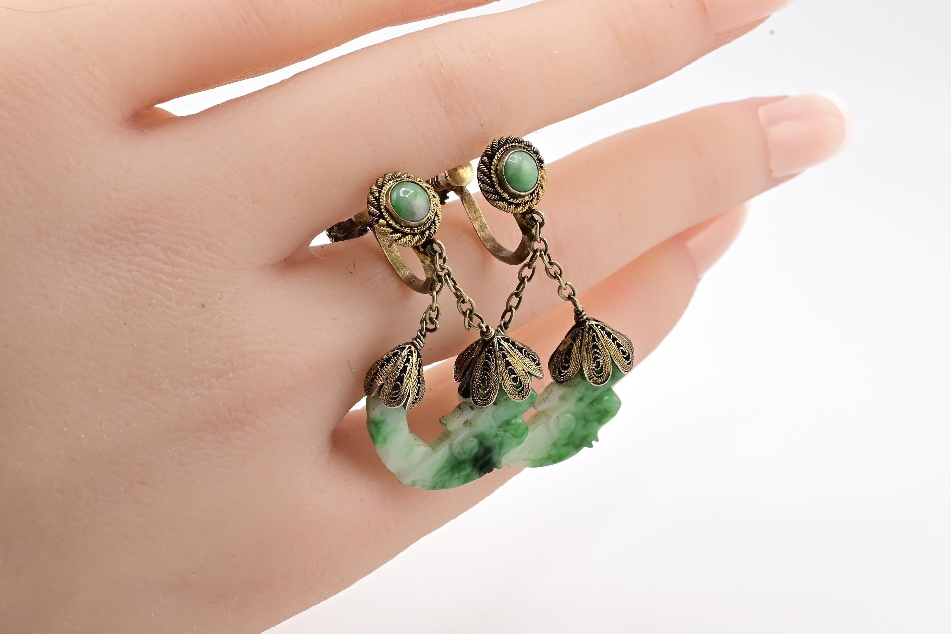 Superb Chinese Green Jade & Silver Filigree Earrings In Good Condition In Media, PA