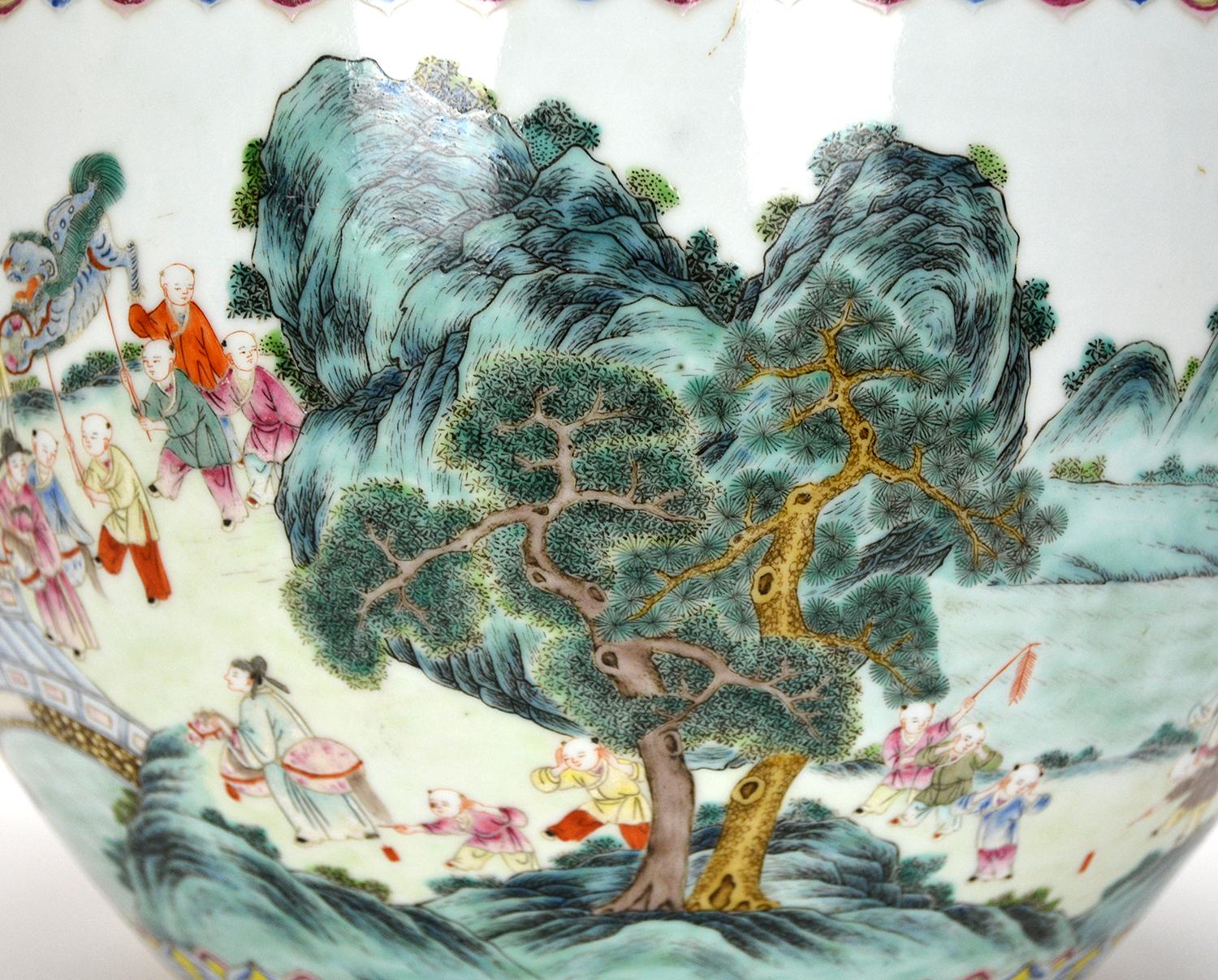 Superb Chinese Qing Qianlong Famille Rose Children Parade Porcelain Jardiniere For Sale 5