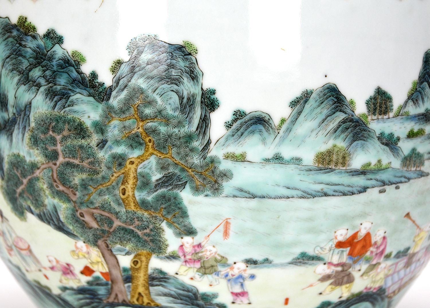 Superb Chinese Qing Qianlong Famille Rose Children Parade Porcelain Jardiniere For Sale 11