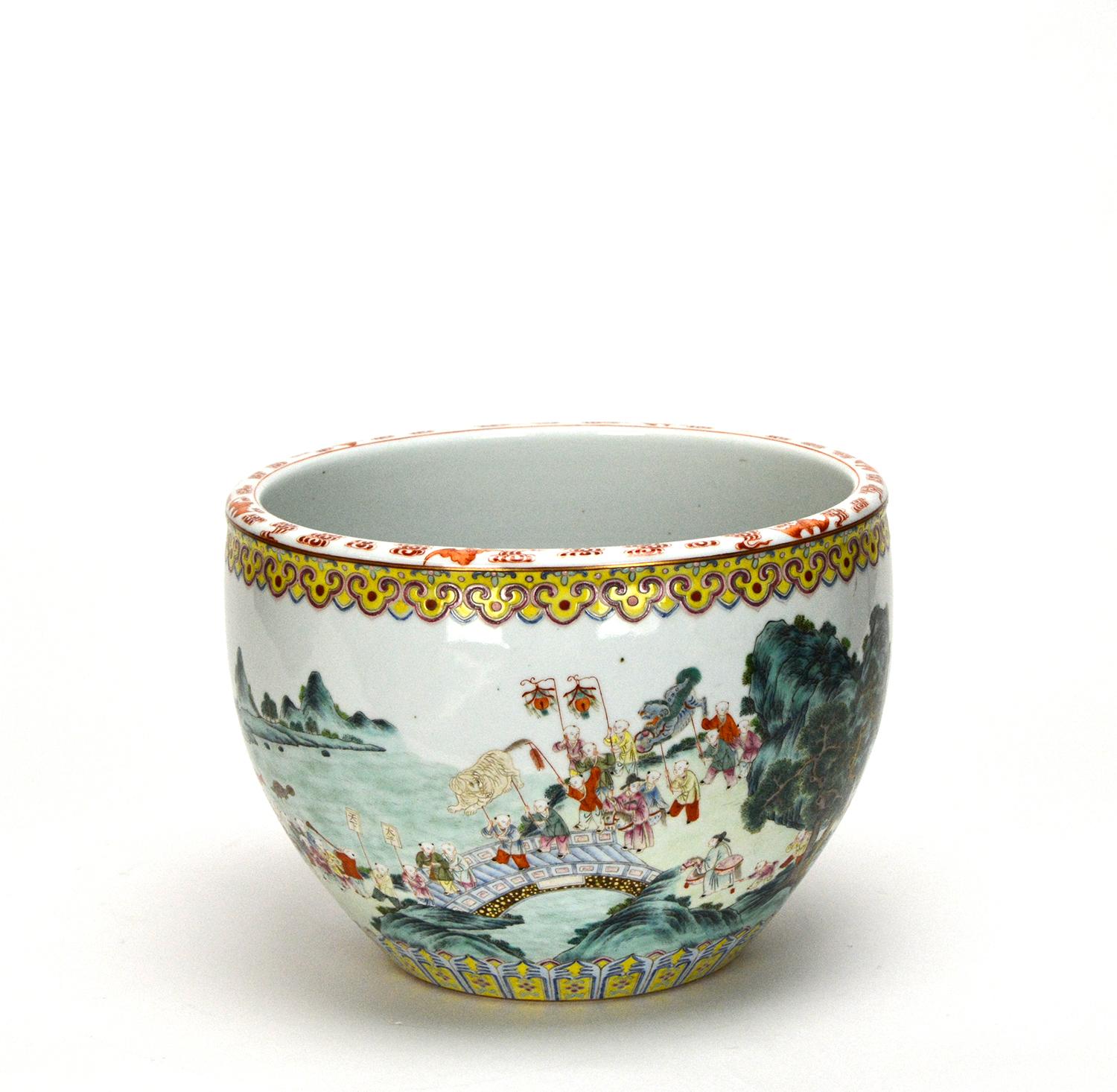 For sale is a nice Chinese Qing Qianlong period Famille Rose porcelain Jardiniere, by superb painting skill, Famille Rose colors, 100 boys in parade with dragon and lantern dance, rich yet settled color painted landscape over creamy white glazed