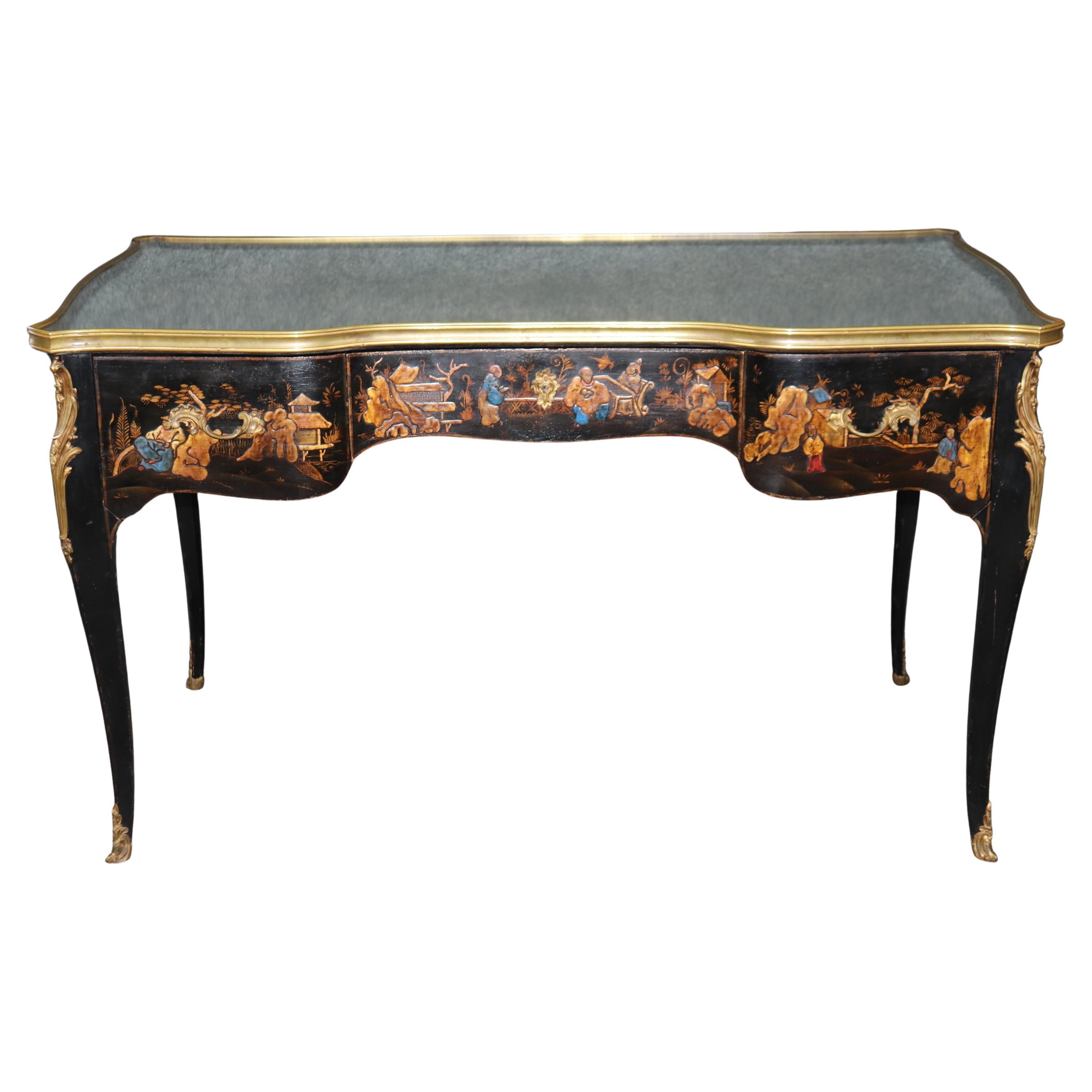 Superba pittura Chinoiserie decorata francese Luigi XV con piano a specchio Bureau Plat Desk in vendita