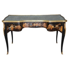 Superb Chinoiserie Paint Decorated French Louis XV Mirrored Top Bureau Plat Desk