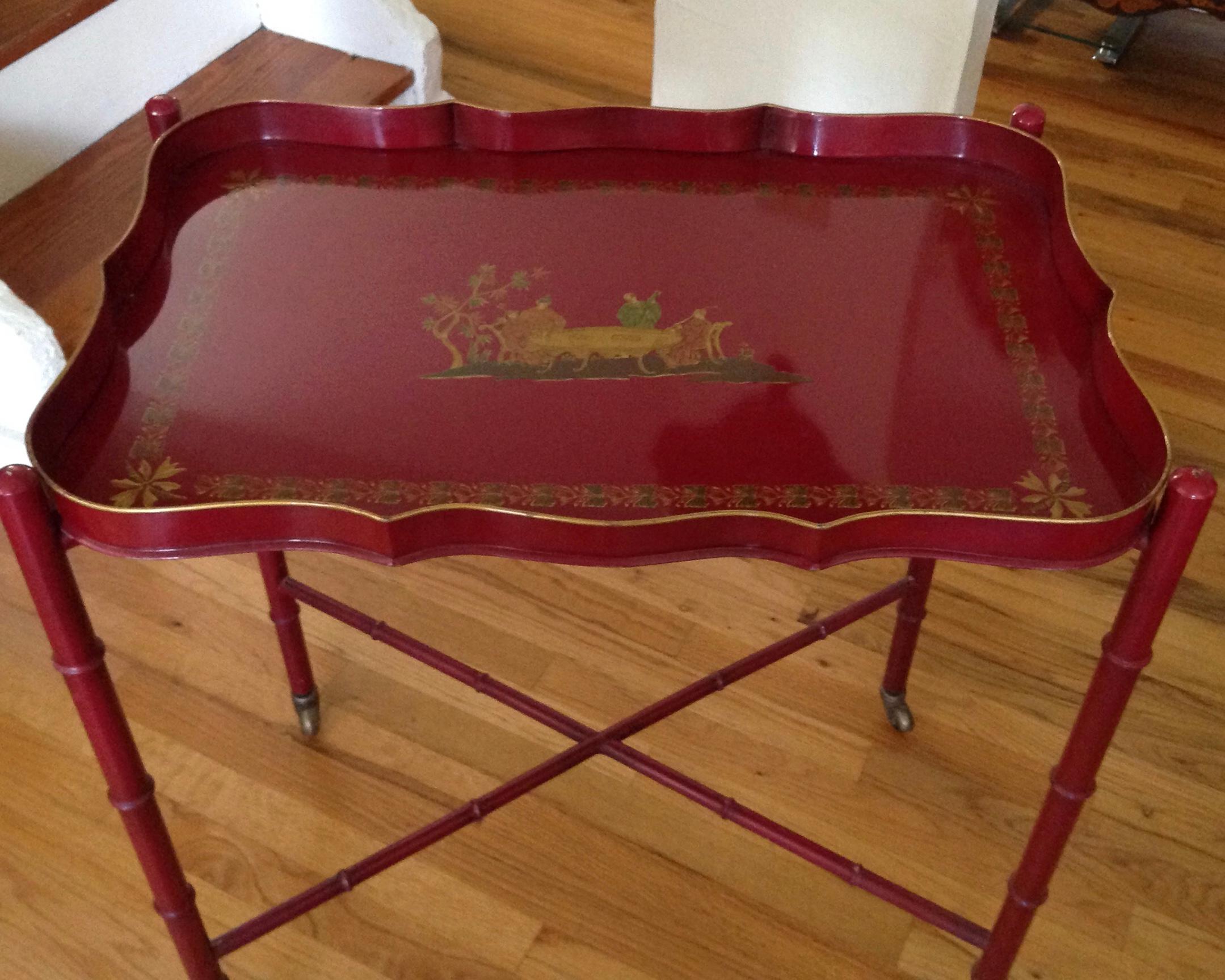 Superb Chinoiserie Style Tole Tray Table on Original Stand 3