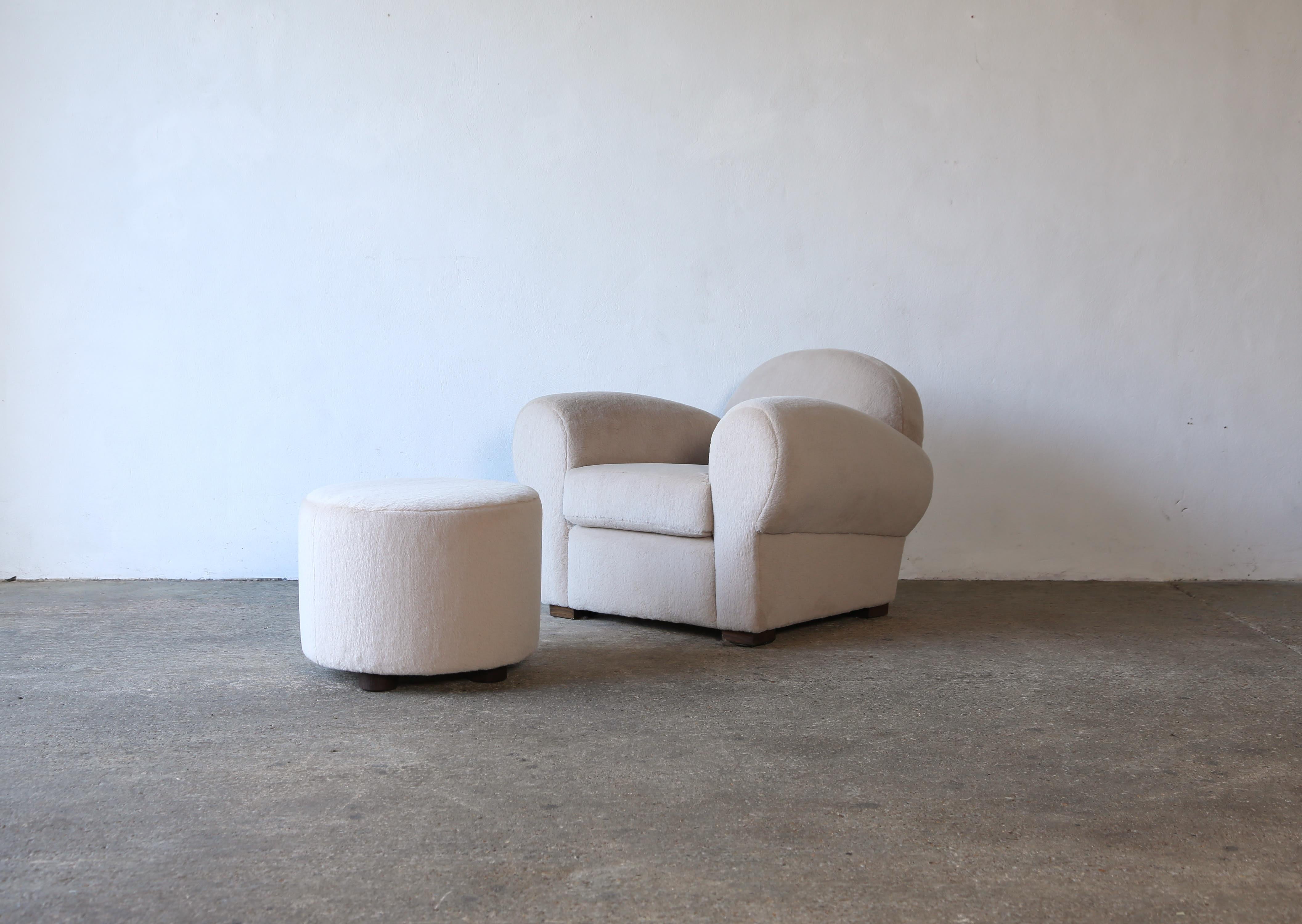Art Déco Sedia Club e ottomana superba, rivestita in pura alpaca in vendita