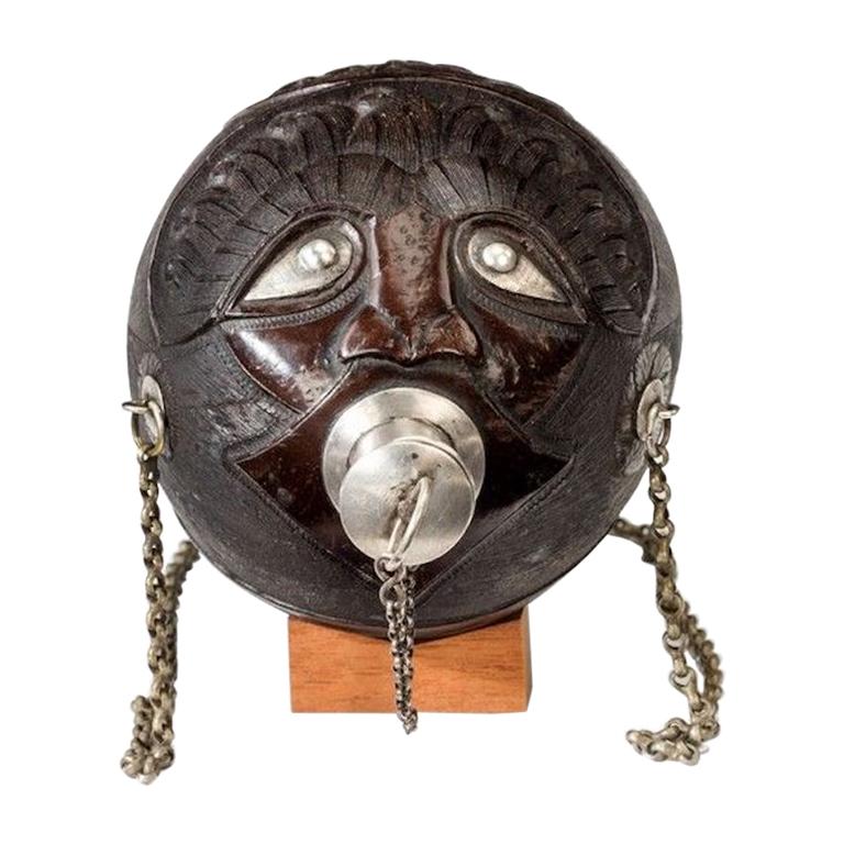 Superb Coconut Shell “Bugbear” Powder Flask with Silver Mounts