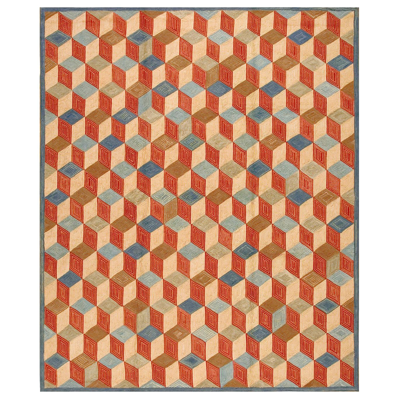 Superb Colorful Treedimensional Cubes Pattern Contemporary American Hooked Rug