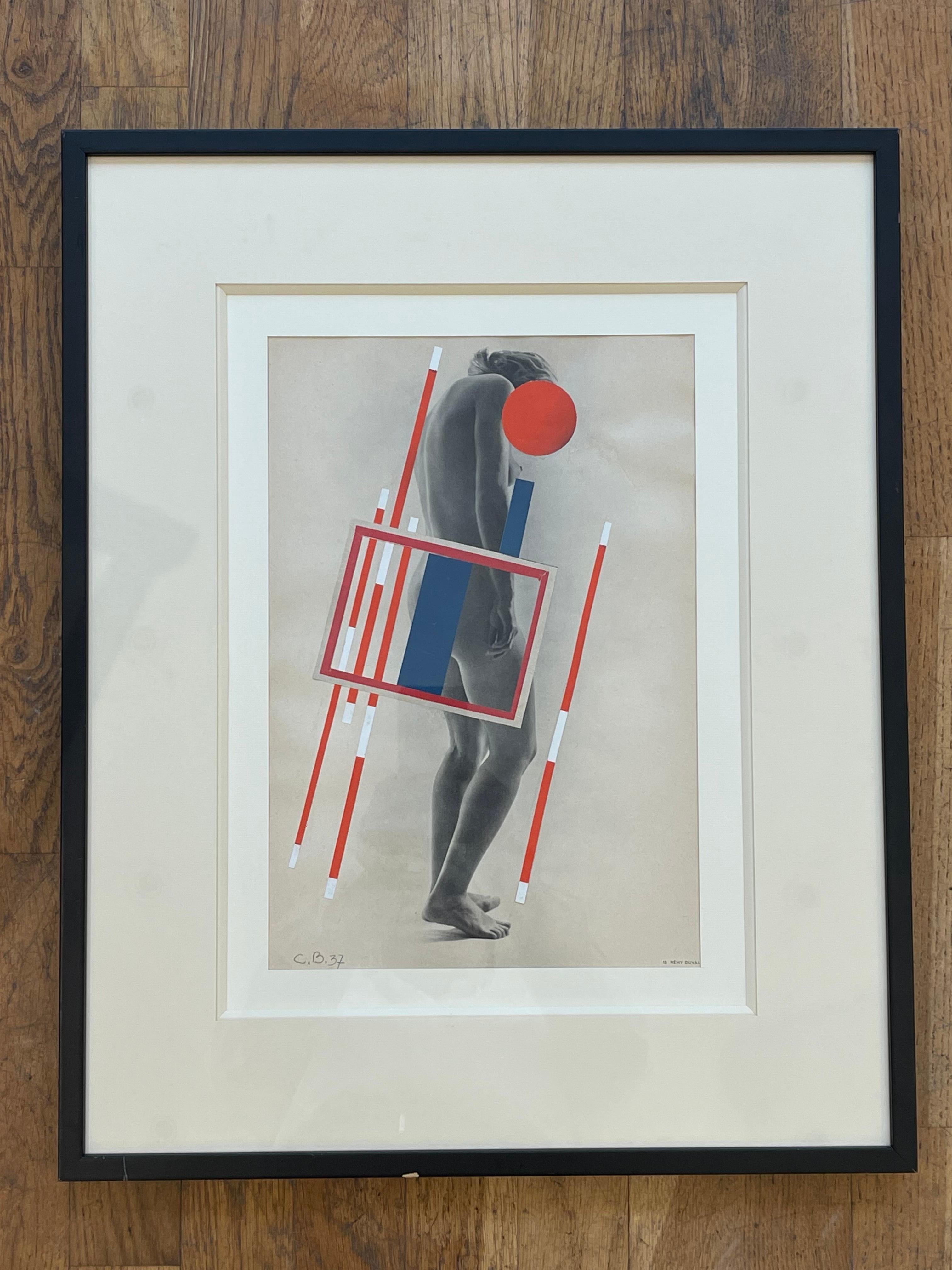 Atemberaubende Collage mit konstruktivistischen Motiven von Camille Bryen (1907-1977) auf einem schwarz-weißen Aktfotodruck von Rémy Duval. 
Datiert 1937, monogrammiert CB unten links. 
Dieses Werk ist ein Frühwerk des berühmten Künstlers Camille