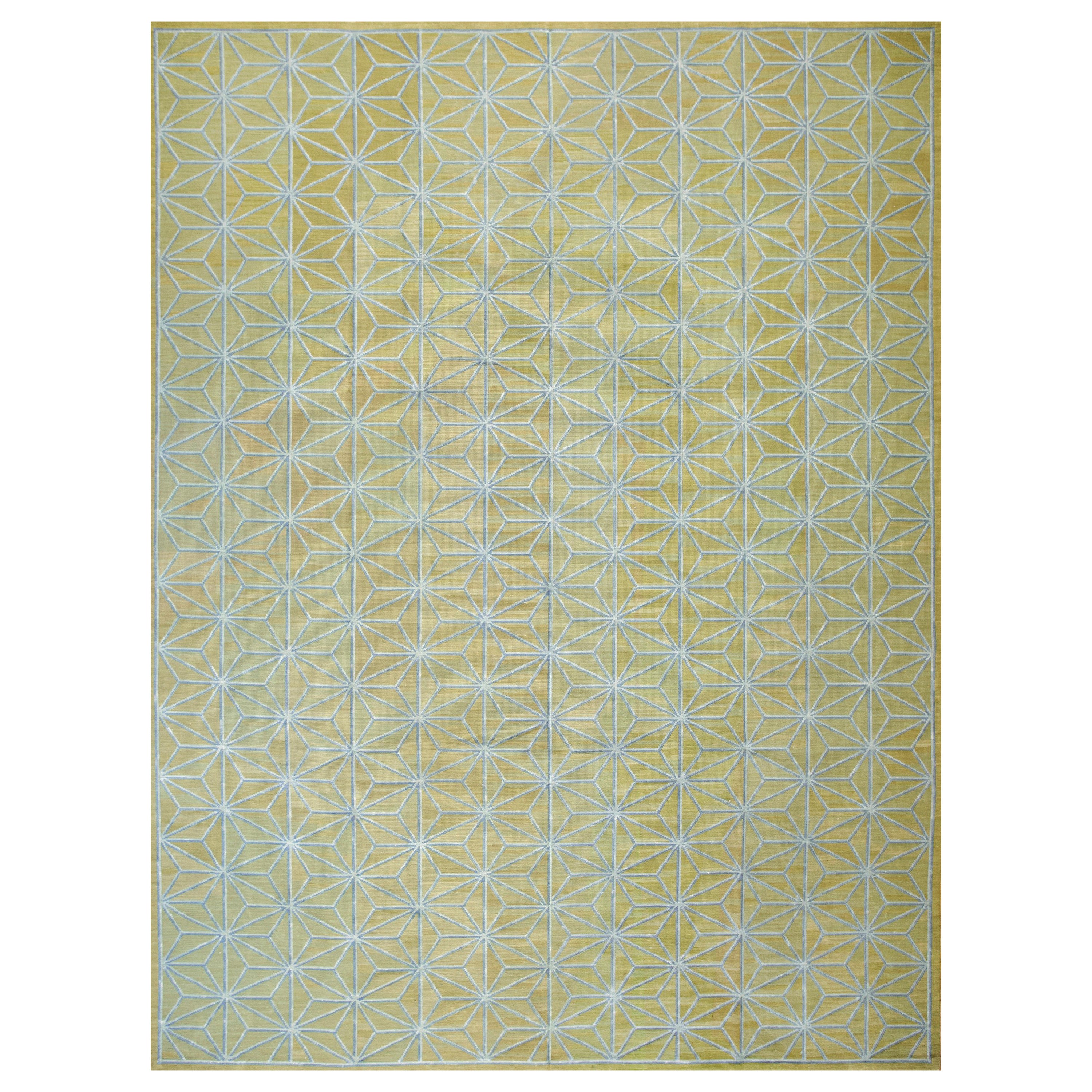 Superb Contemporaneity Handwoven Needlepoint Flat Weave Rug With Silk Highlights
