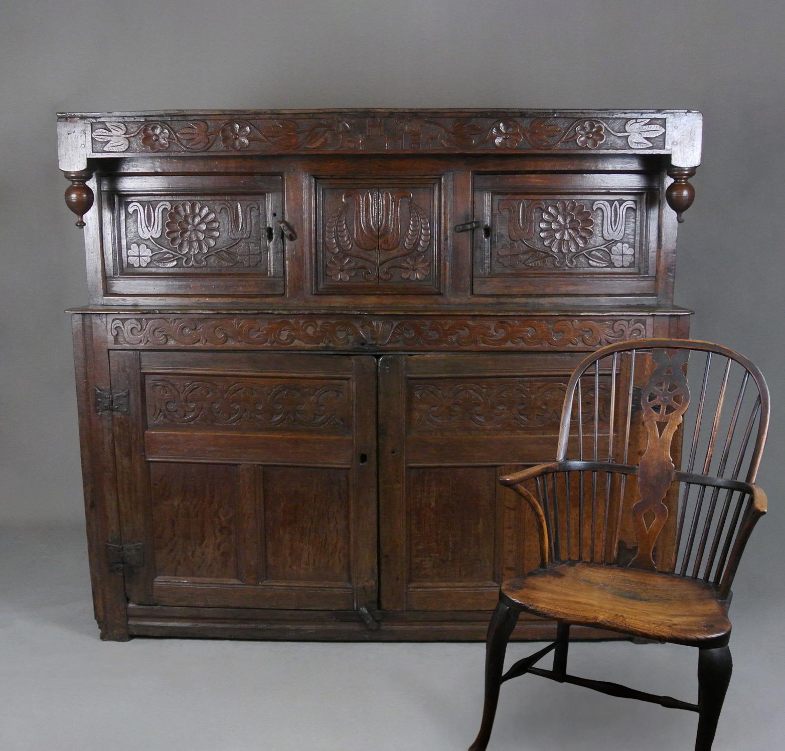 A very beautiful 17th century oak court cupboard of excellent proportions, perfect for a cottage as it stands at only 58.75 inches high, and retains its original oak boards throughout and has an excellent colour and natural patination.

The