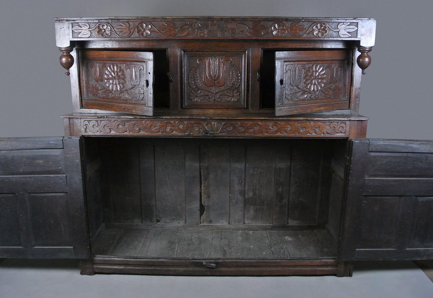 18th Century and Earlier Superb Initialled and Dated Charles II Oak Press Court Cupboard - Dated 1685