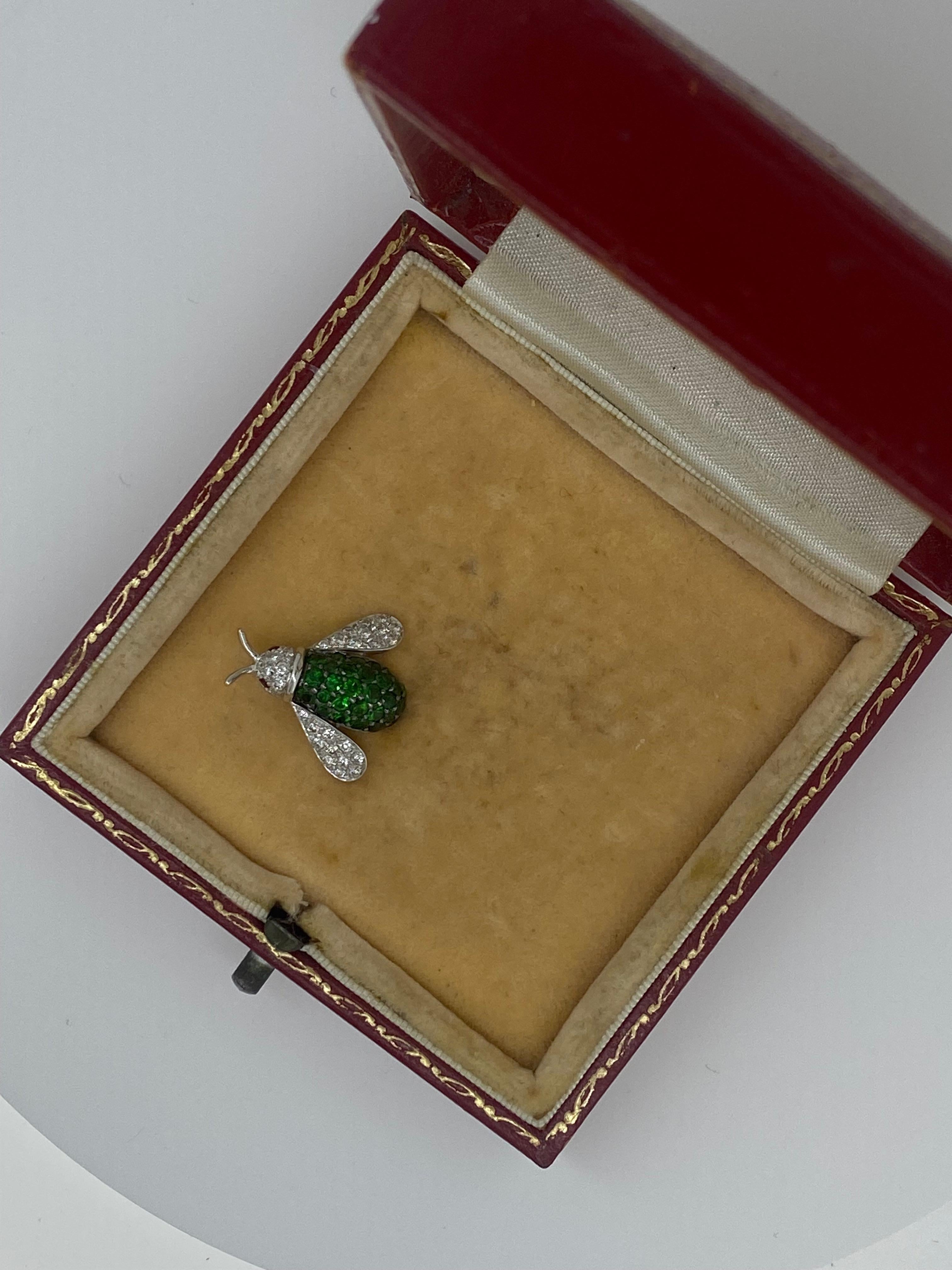 Superb Diamond, Tsavorite Garnet & Ruby Retro Bug Stick Pin in 18K White Gold For Sale 1