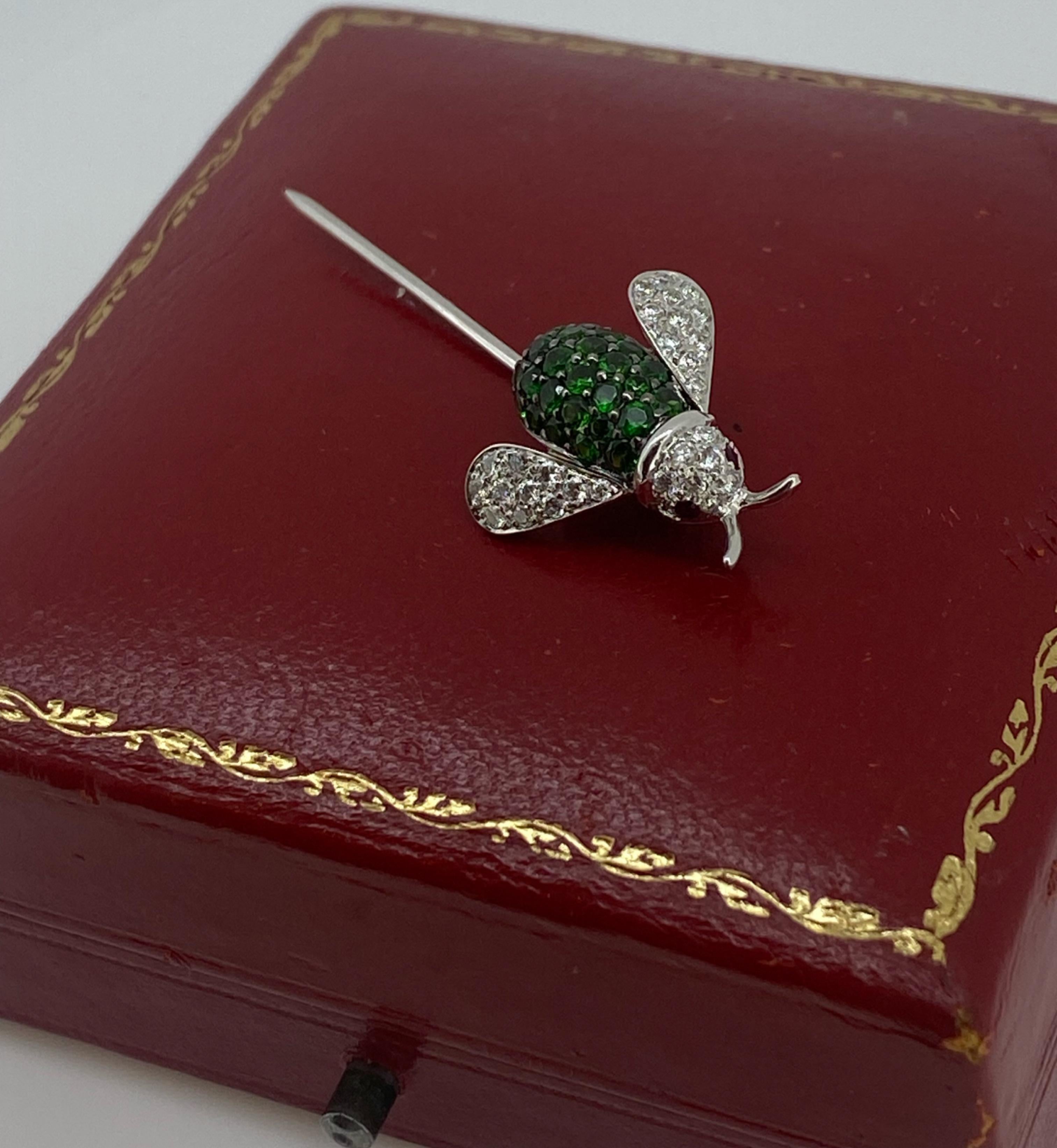 Superb Diamond, Tsavorite Garnet & Ruby Retro Bug Stick Pin in 18K White Gold For Sale 4