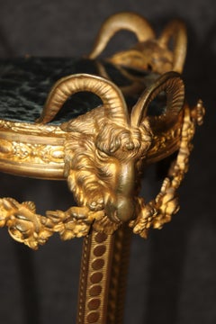 Superb Dore' Bronze Rams Head Verdi Marble Top and Bottom Two Tier Pedestal