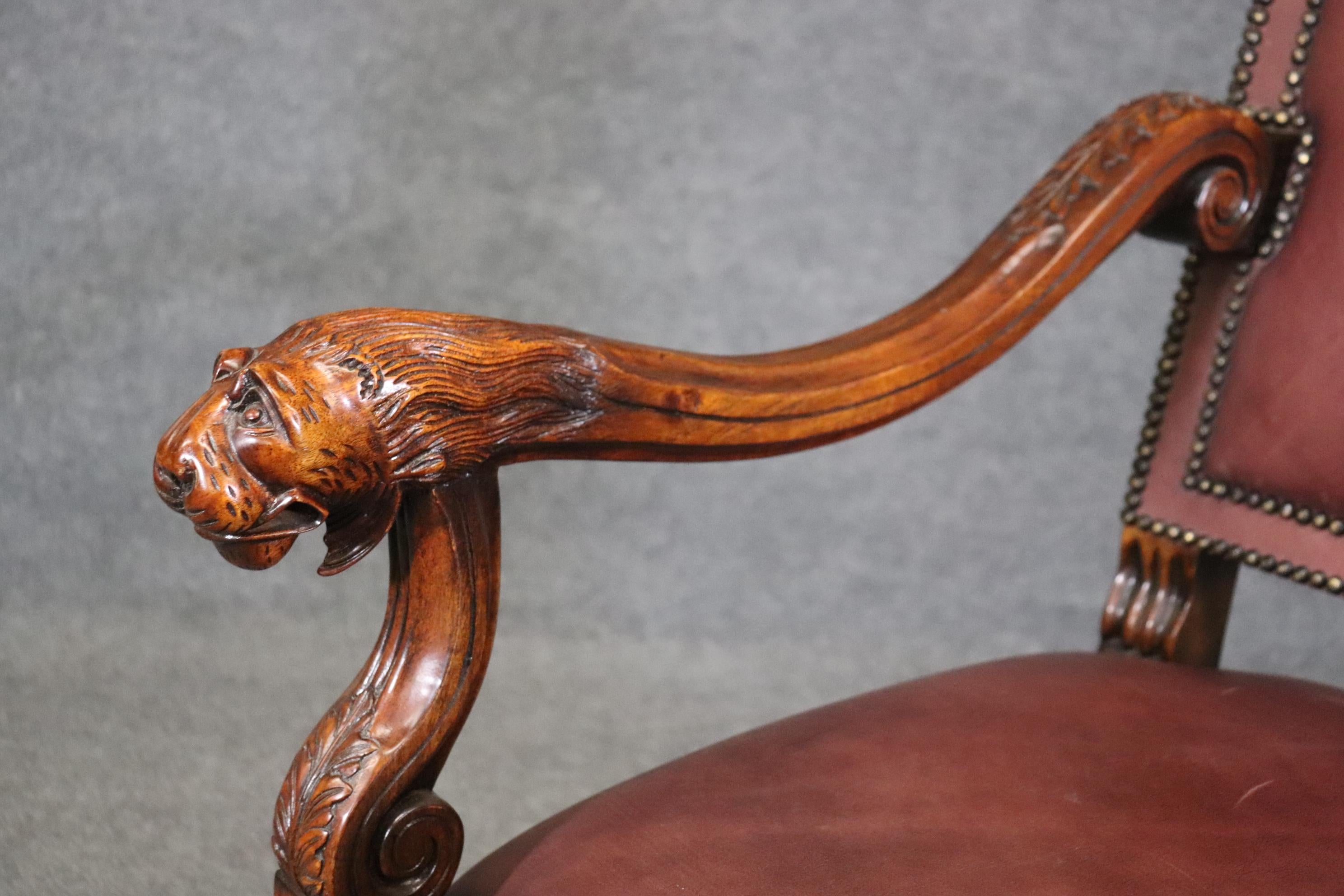 Superb Double Nail Head Trimmed Leather Carved Lion Head Throne Arm Chair For Sale 4
