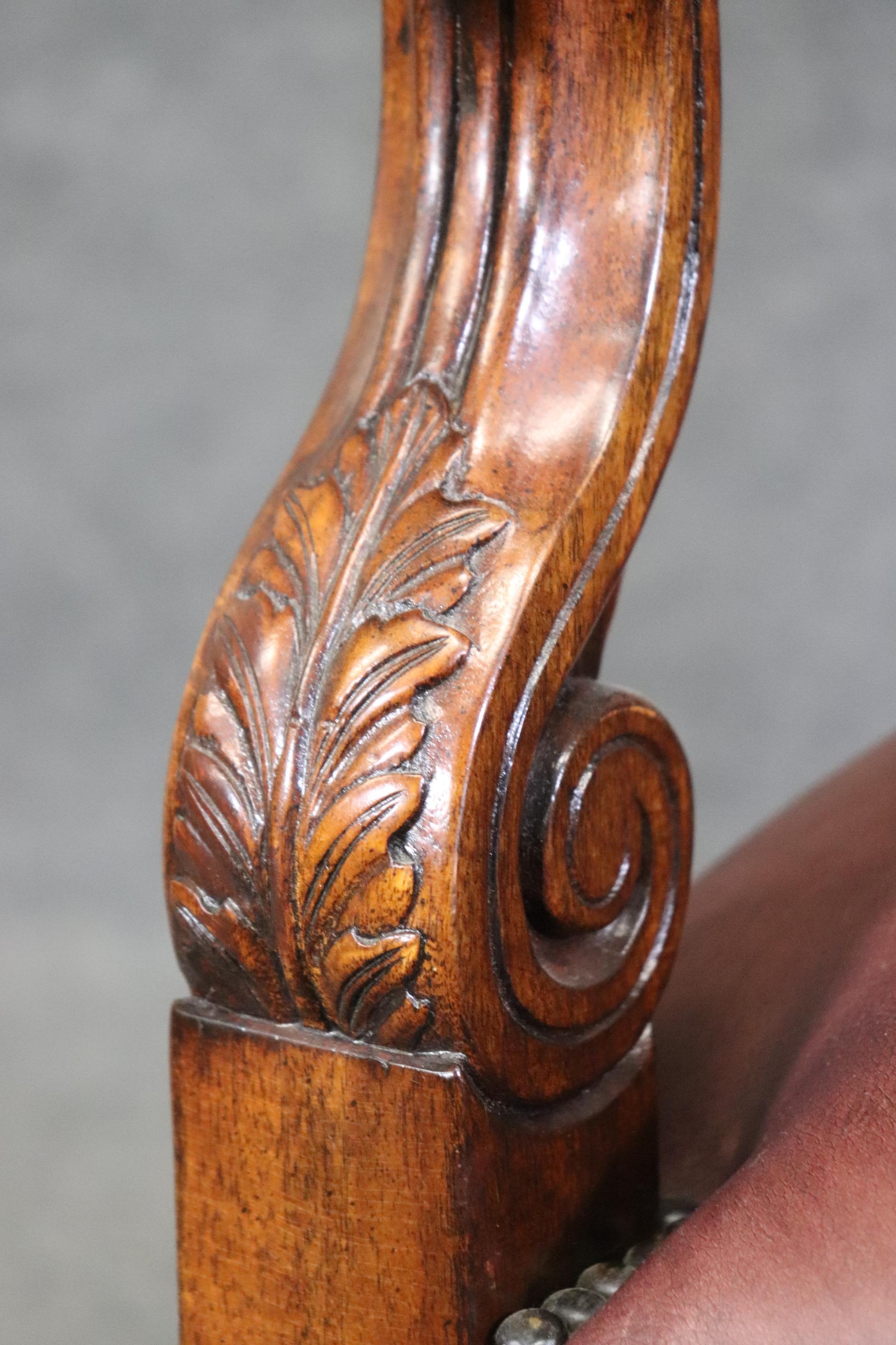 Superb Double Nail Head Trimmed Leather Carved Lion Head Throne Arm Chair For Sale 6