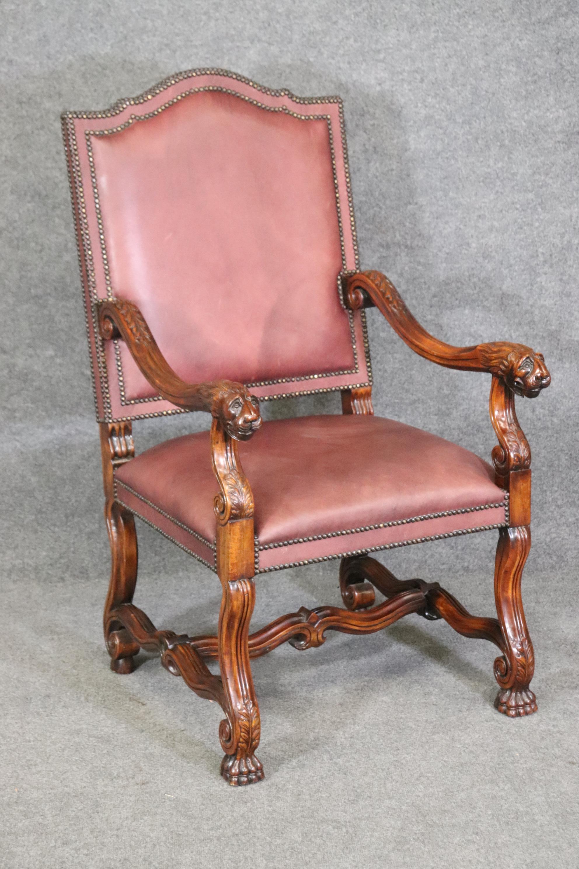 Georgian Superb Double Nail Head Trimmed Leather Carved Lion Head Throne Arm Chair For Sale