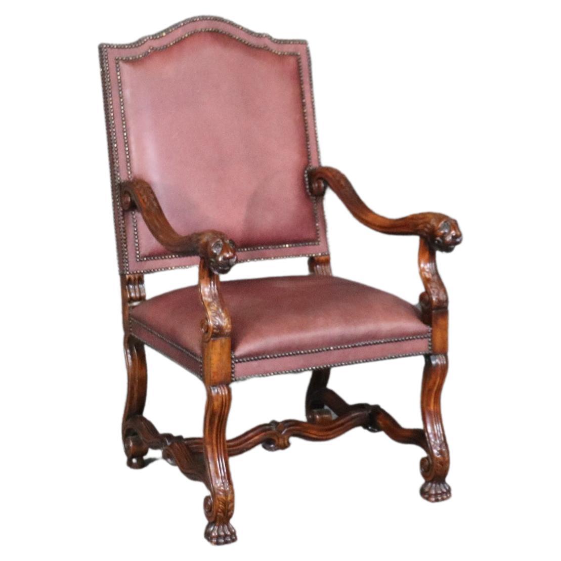 Superb Double Nail Head Trimmed Leather Carved Lion Head Throne Arm Chair For Sale