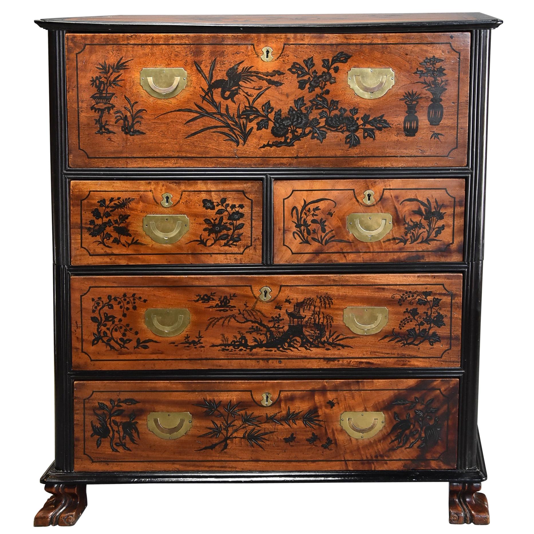 Superb Early 19th Century Anglo Chinese Camphor Wood Campaign Secretaire Chest For Sale