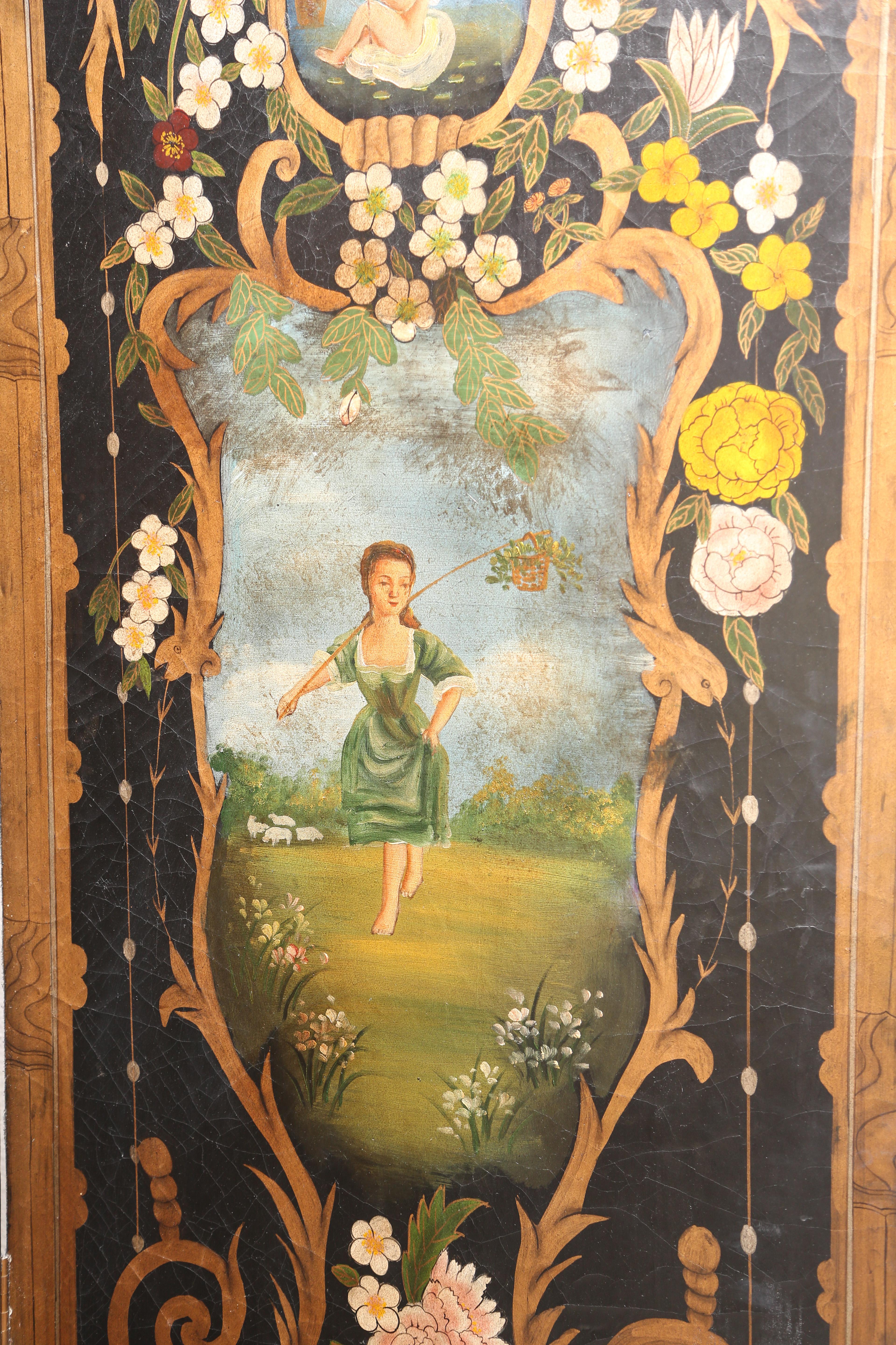 This is a superb hand painted 4-fold screen with very nice romantic scenes standing 7 ft tall and each panel is 20 inches. The back is gold. It's in good condition, not really sure where it was made maybe Italy.