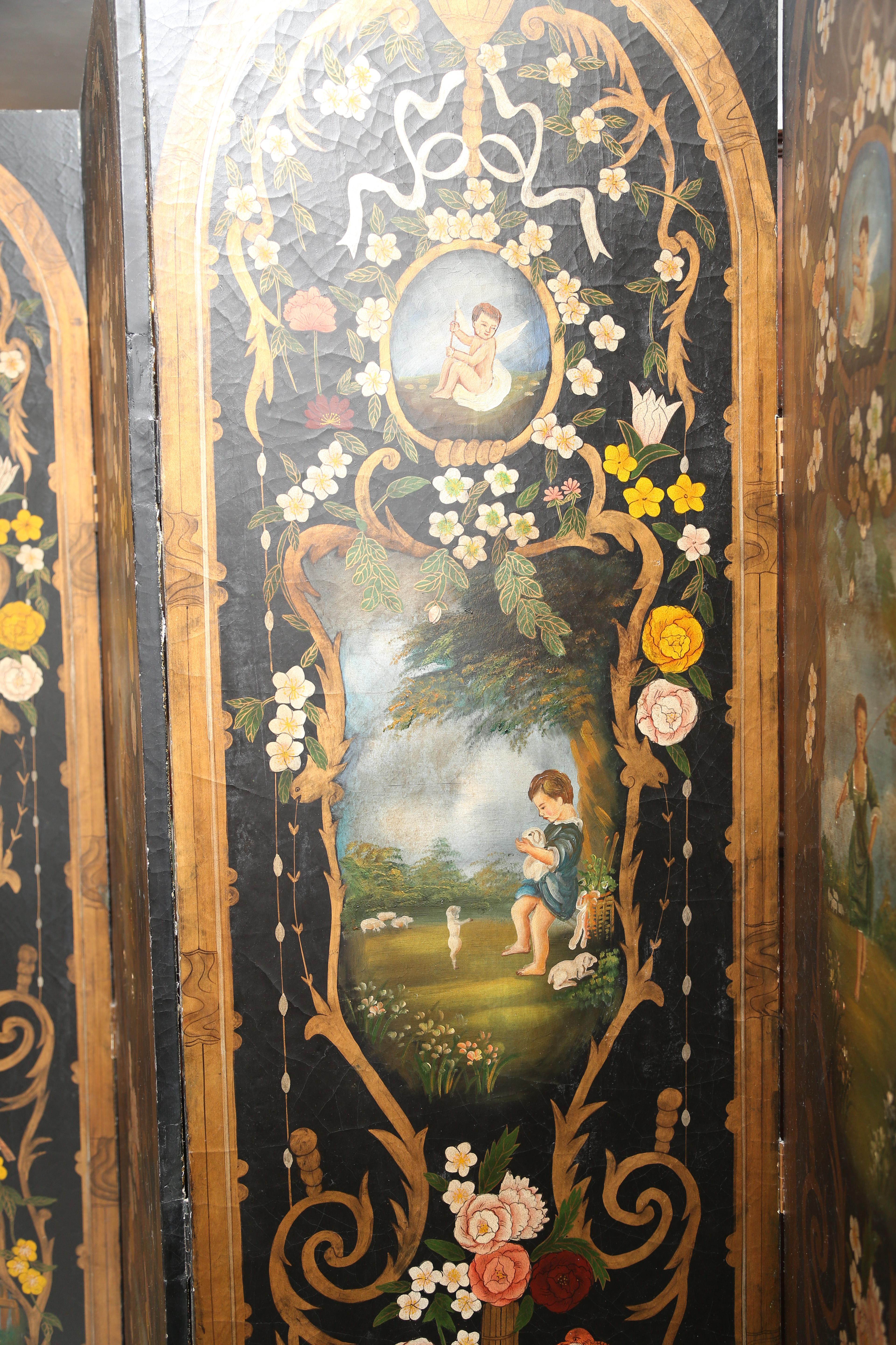 Superb Large 20th Century European Hand Painted Four-Fold Screen In Good Condition In West Palm Beach, FL