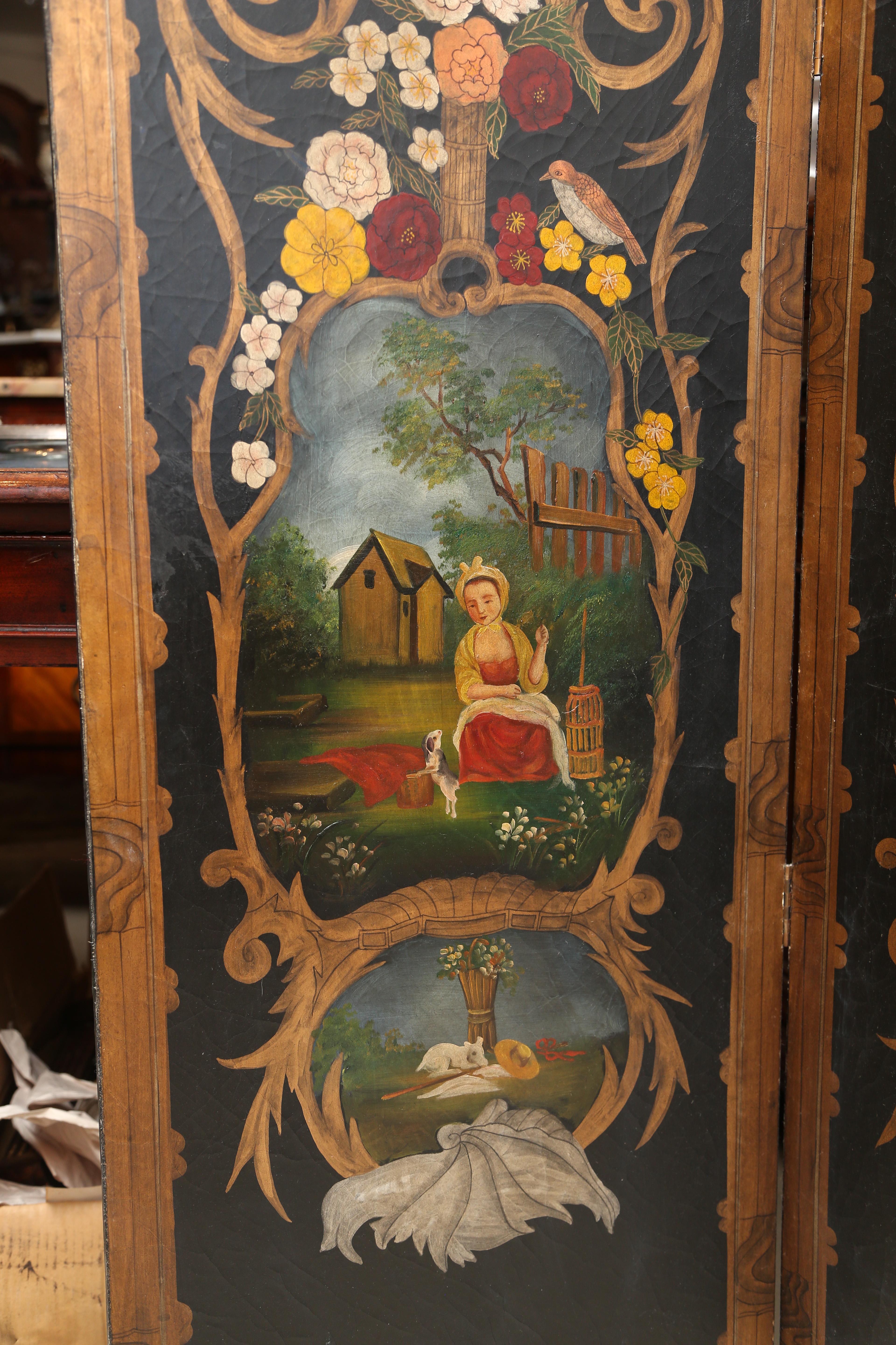 Superb Large 20th Century European Hand Painted Four-Fold Screen 1