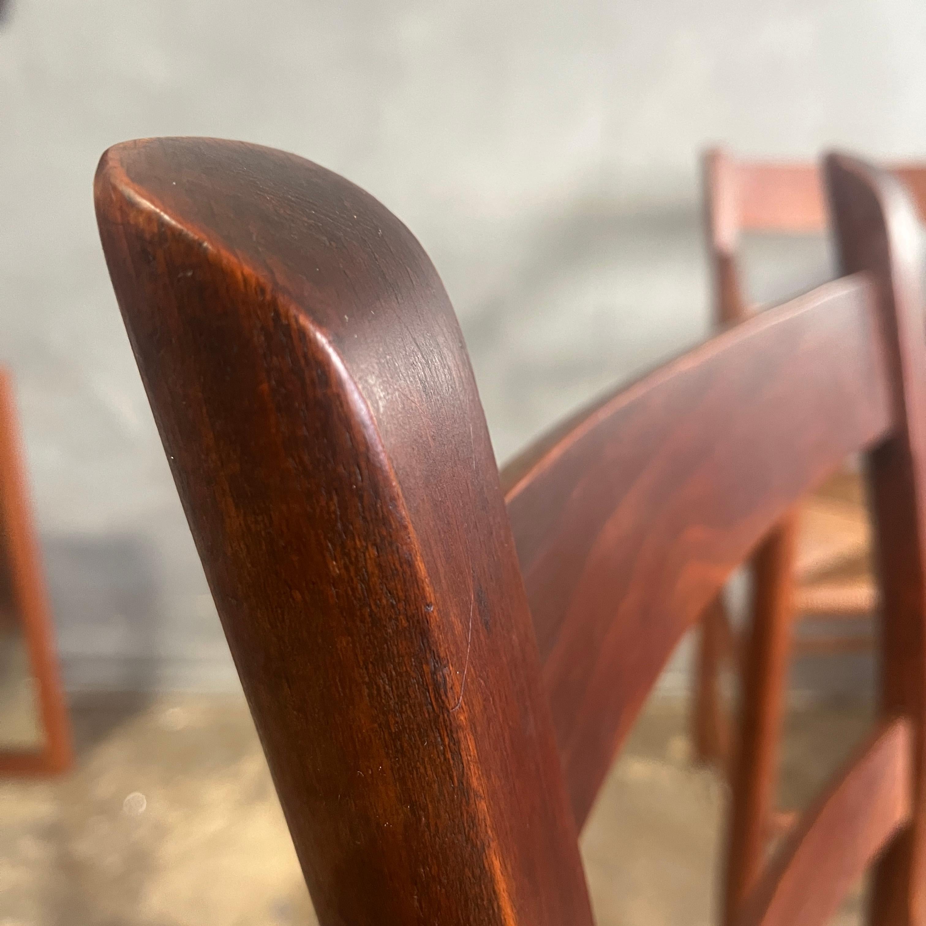 Warm glowing patina on these Early American Shaker style chairs. Not a perfect match but all similar in style with a laser back design. Hand crafted details using primitive yet masterful techniques. Rush seats have varying patina but all in good