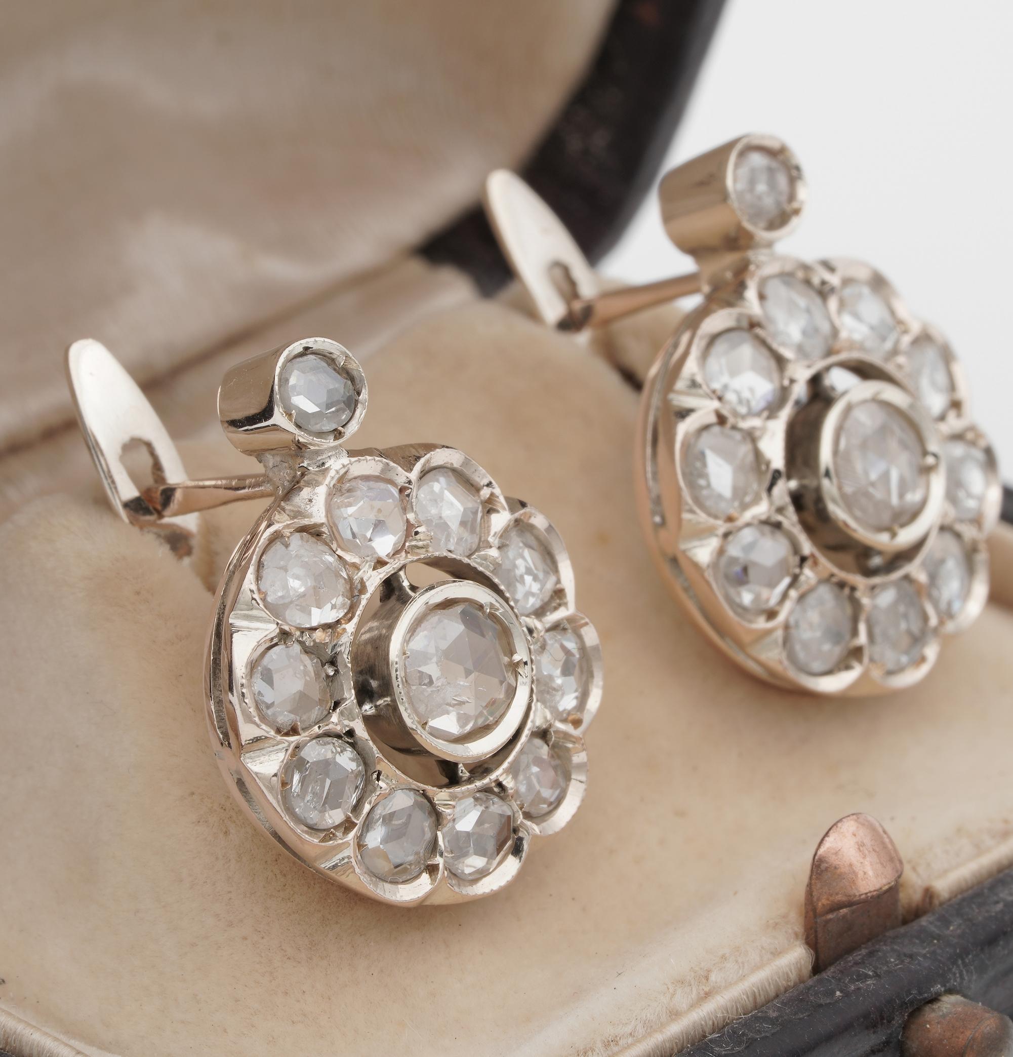 Superb Edwardian 4.70 Carat Rose Cut Diamond Large Cluster Earrings In Good Condition For Sale In Napoli, IT