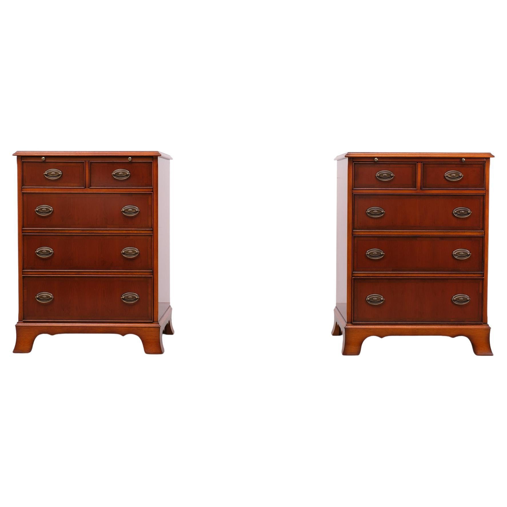 Set of superb quality cabinets. Beautiful inlay work, cherry wood, wonderful color with brass handles . 2 Smaller drawers on top 3 larger ones below . Comes with a pullout 
tray with Dark Red Leather inlay , Gold embossed . High Gloss . Heavy pieces