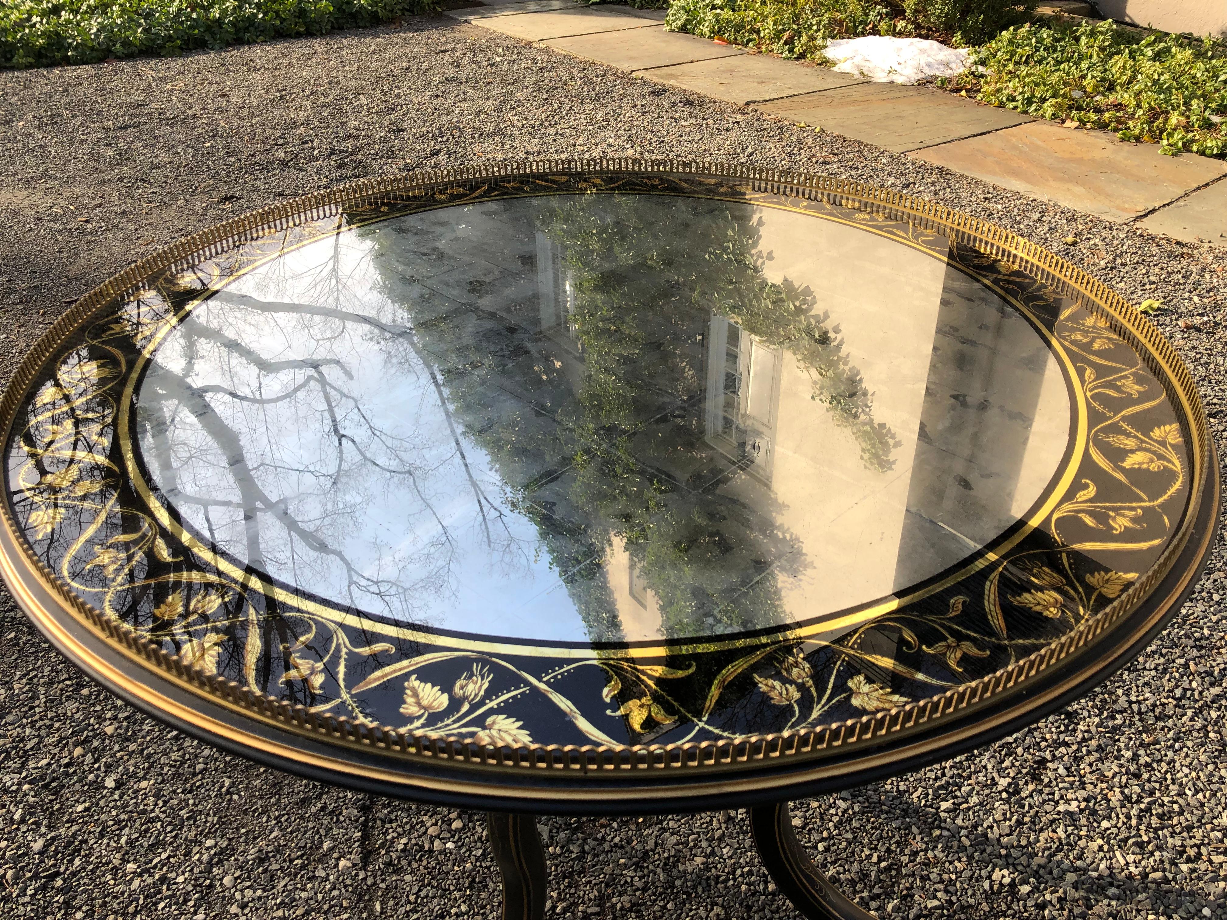 Glass Superb Eglomise and Gilded Round End or Center Table by Julia Gray