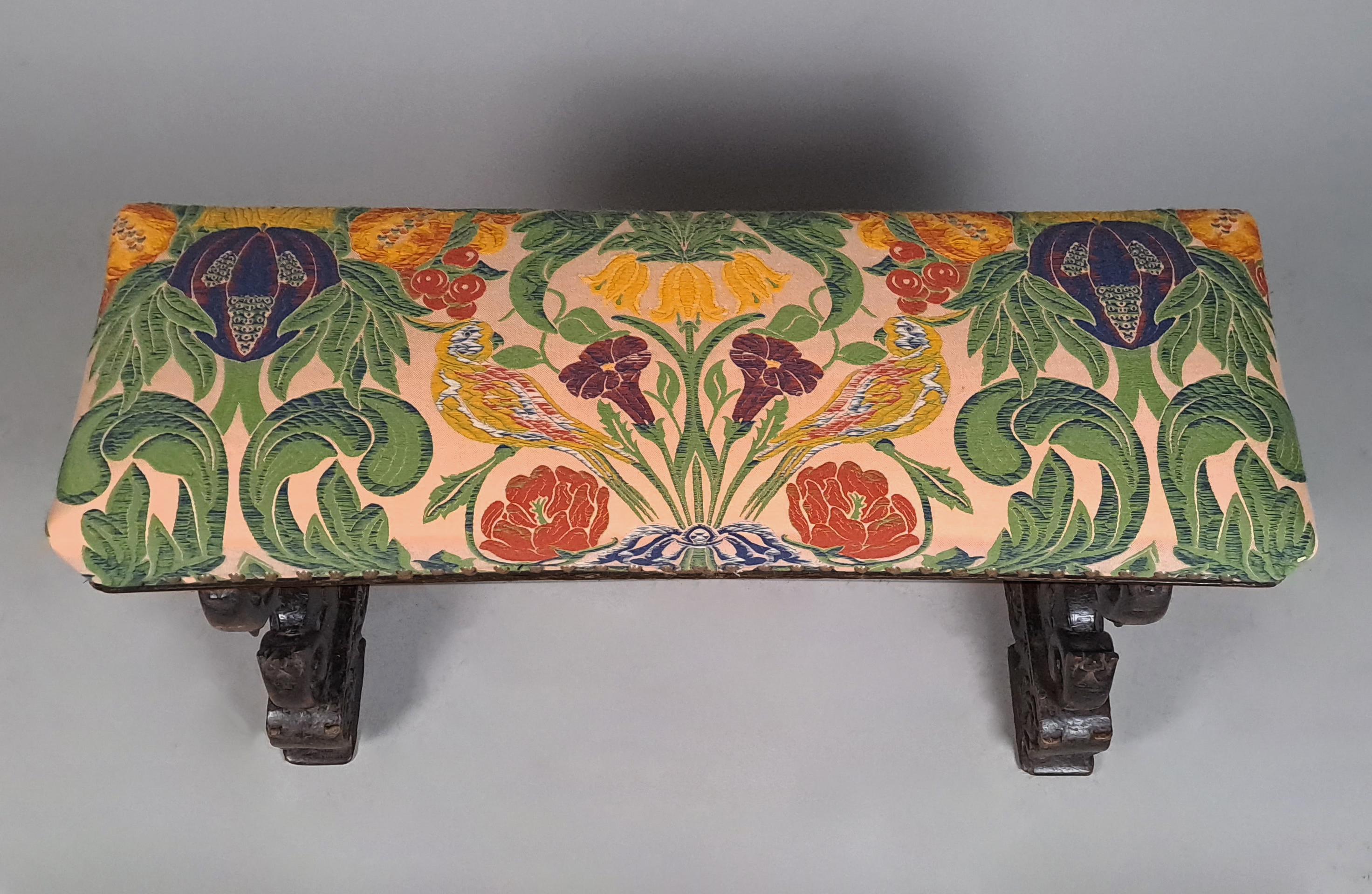 Fabric Superb Elizabethan Carved Oak Long Stool c. 1580 For Sale