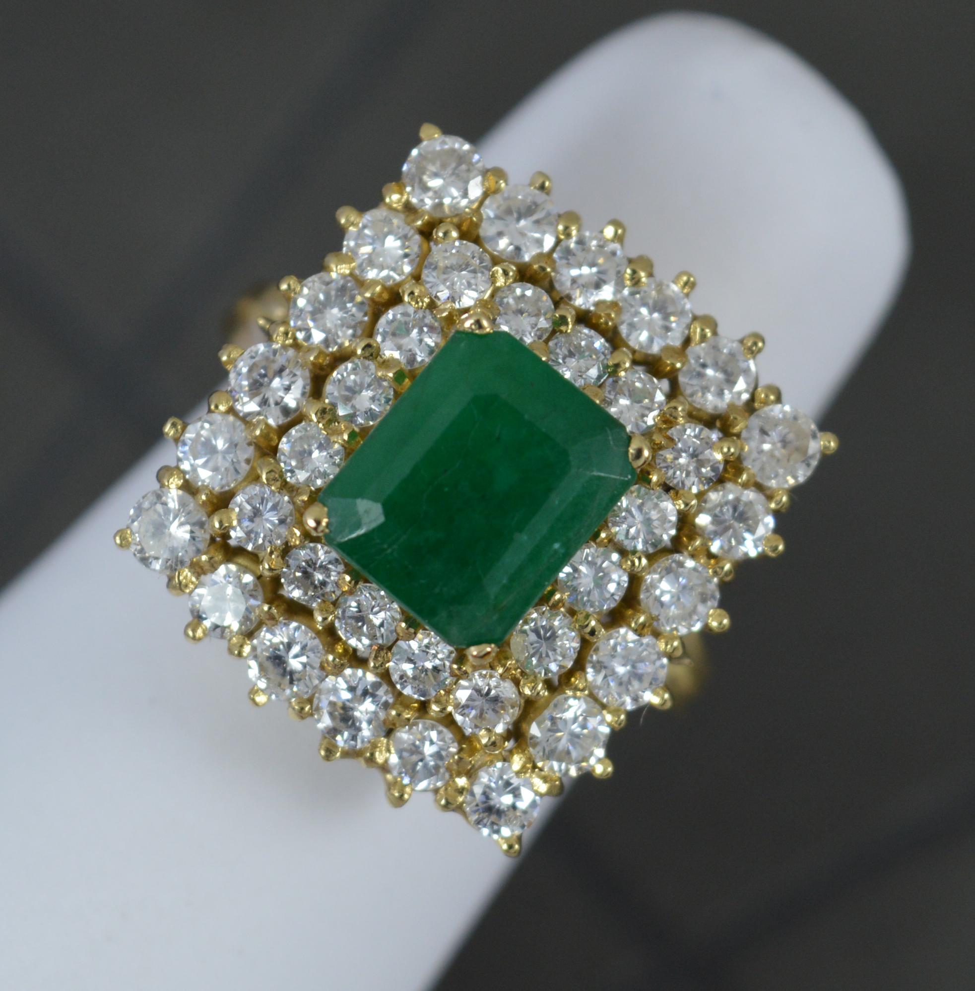 Superb Emerald and 1.5ct Diamond 18ct Gold Cluster Ring For Sale 3
