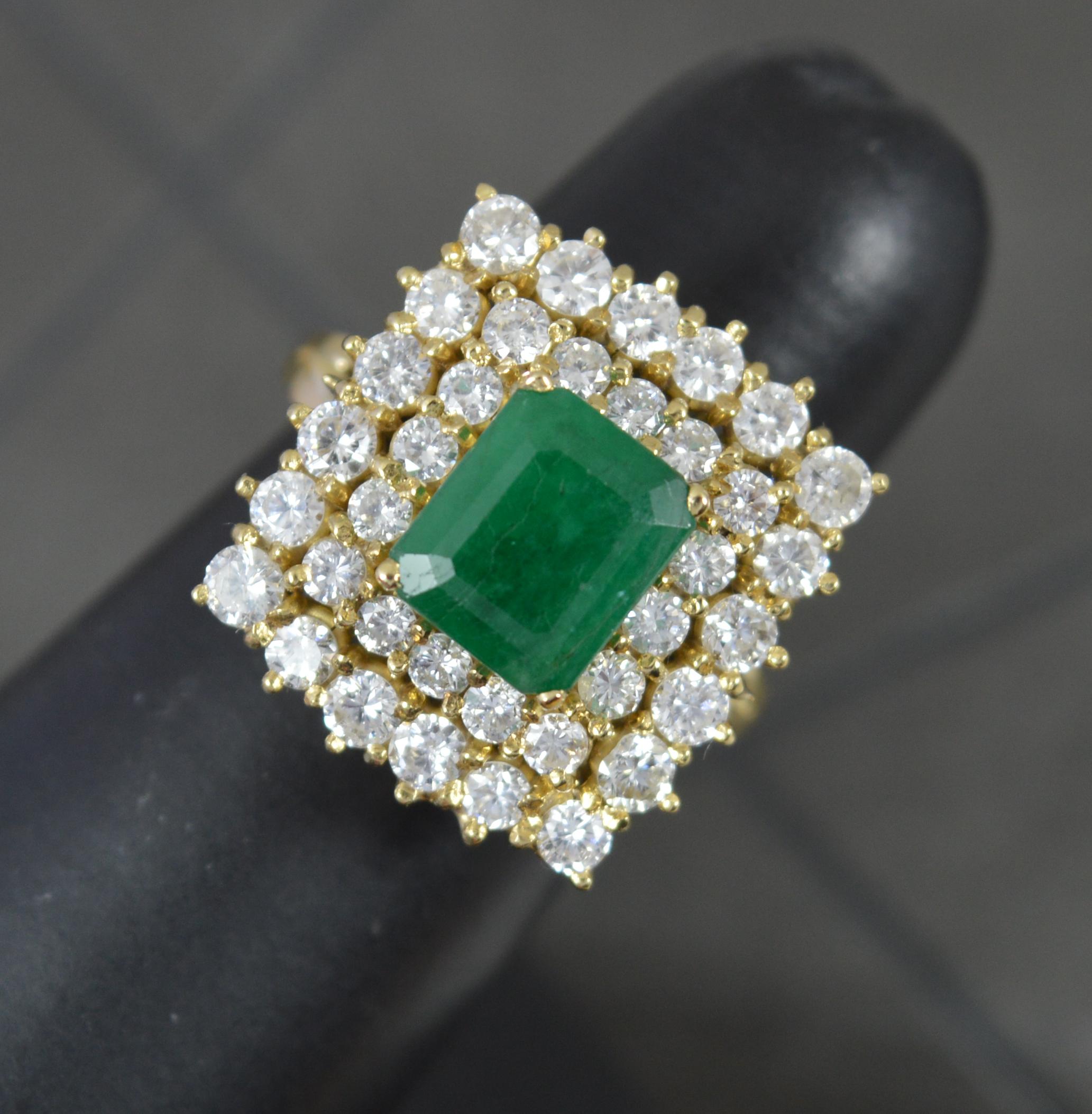 Superb Emerald and 1.5ct Diamond 18ct Gold Cluster Ring For Sale 6