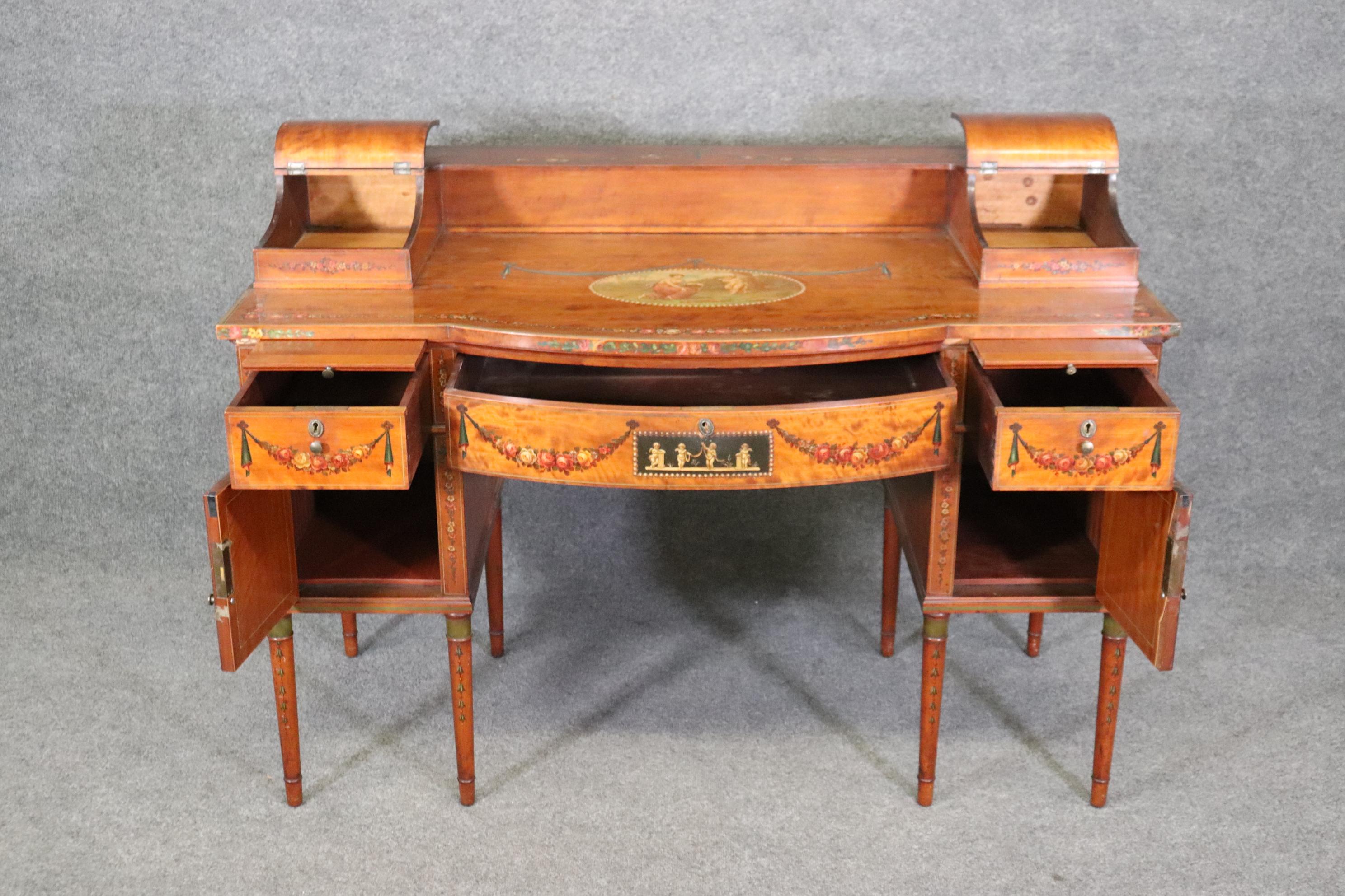Superb English Paint Decorated Adams Satinwood Carlton House Desk Circa 1890s For Sale 5