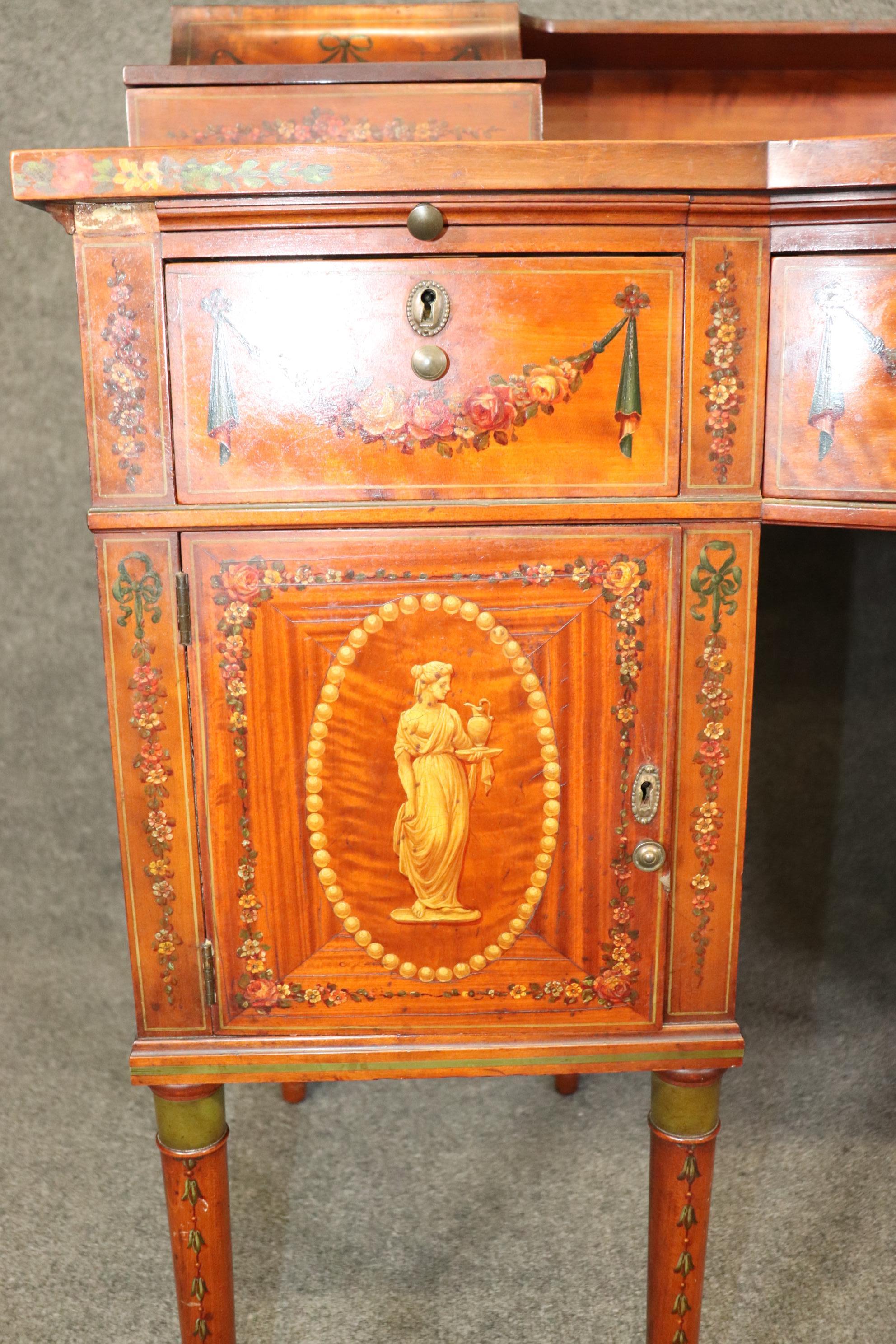 Superb English Paint Decorated Adams Satinwood Carlton House Desk Circa 1890s For Sale 8