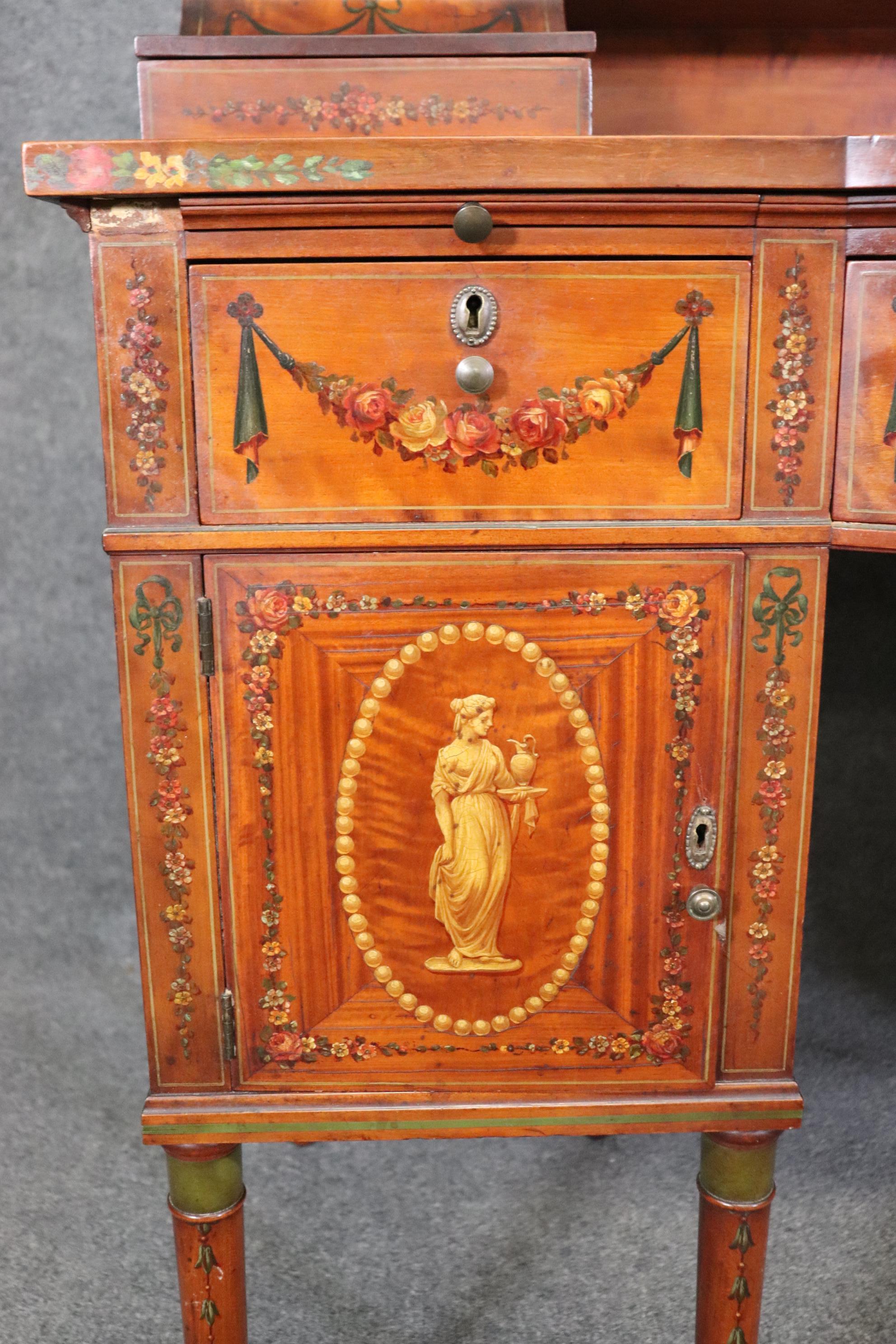Superb English Paint Decorated Adams Satinwood Carlton House Desk Circa 1890s For Sale 9