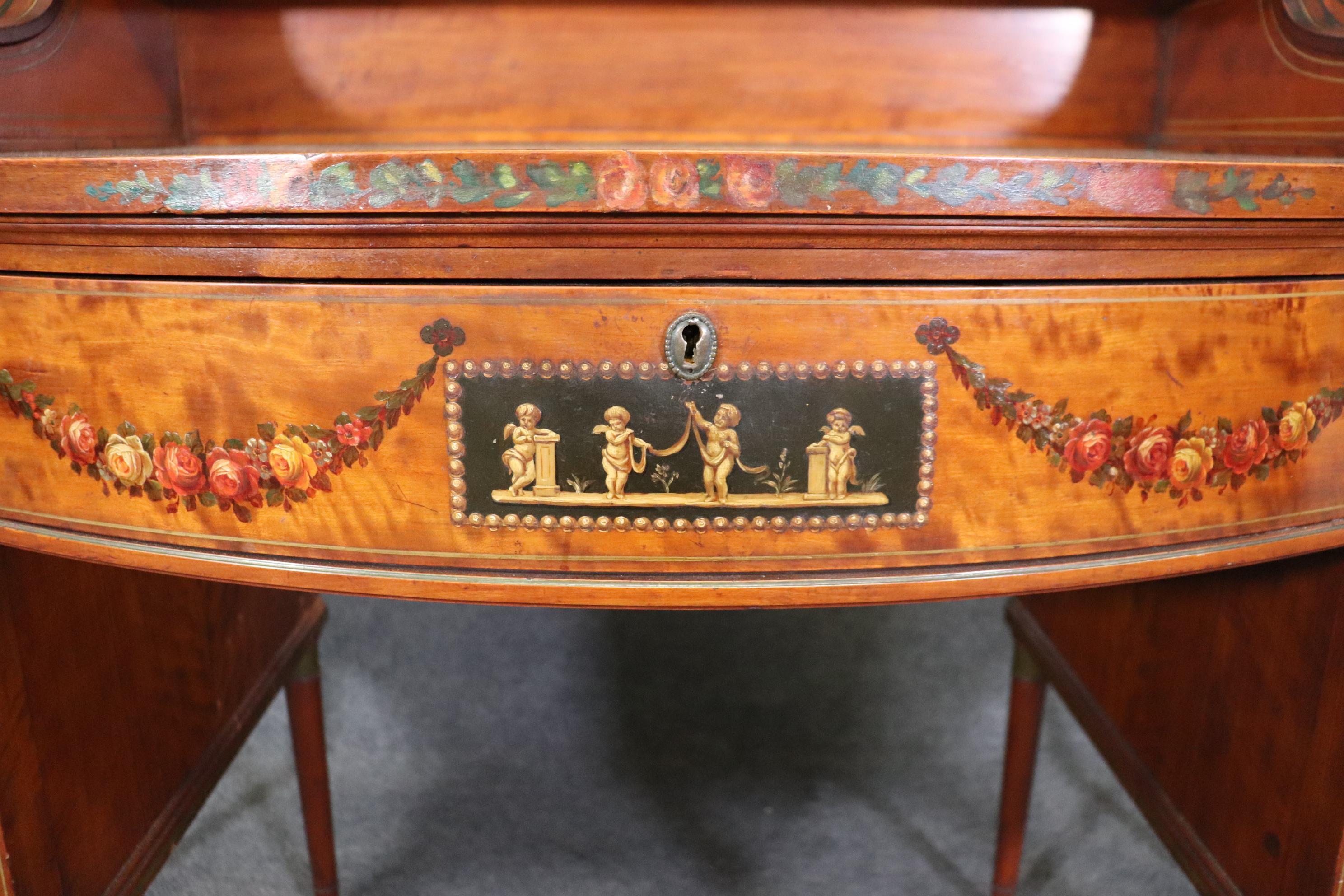 Adam Style Superb English Paint Decorated Adams Satinwood Carlton House Desk Circa 1890s For Sale