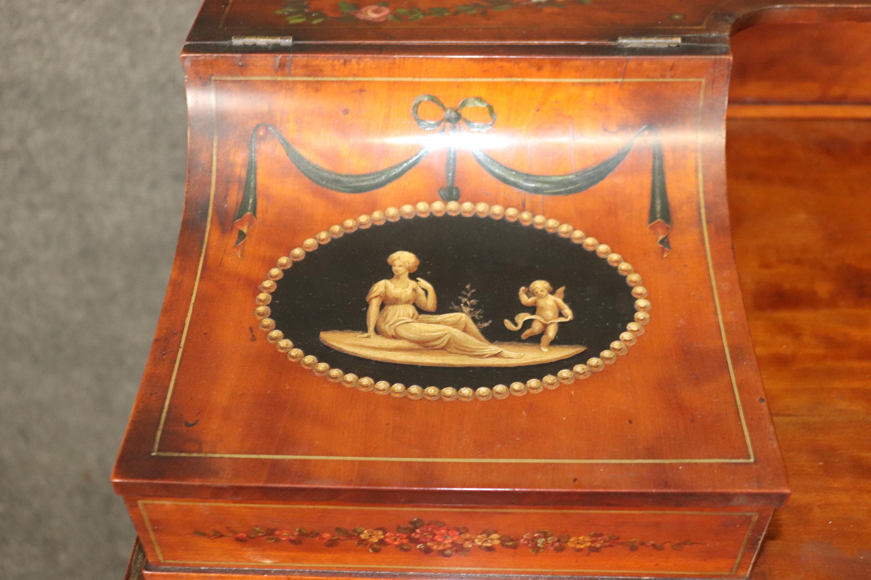 Superb English Paint Decorated Adams Satinwood Carlton House Desk Circa 1890s In Good Condition For Sale In Swedesboro, NJ