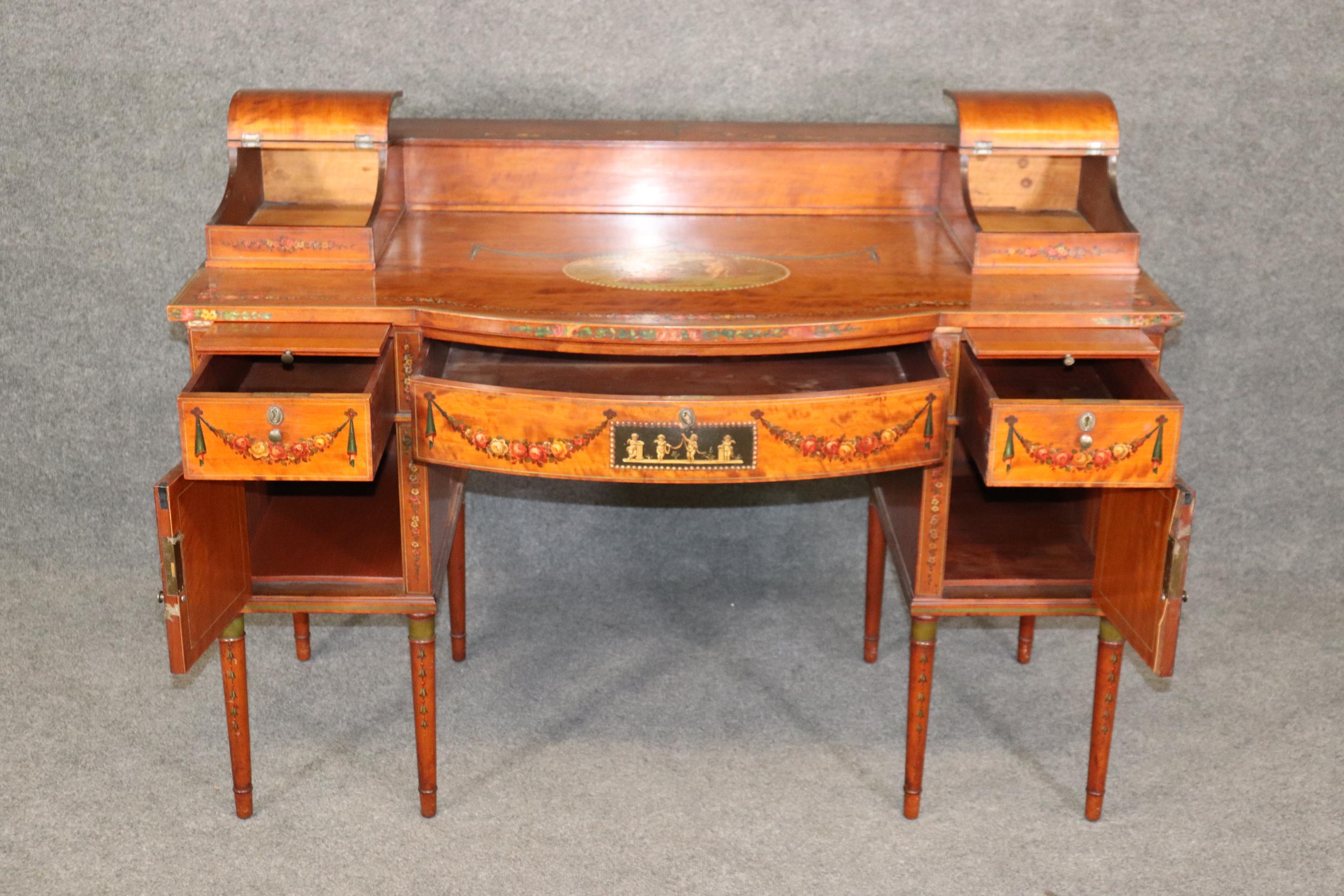 Late 19th Century Superb English Paint Decorated Adams Satinwood Carlton House Desk Circa 1890s For Sale