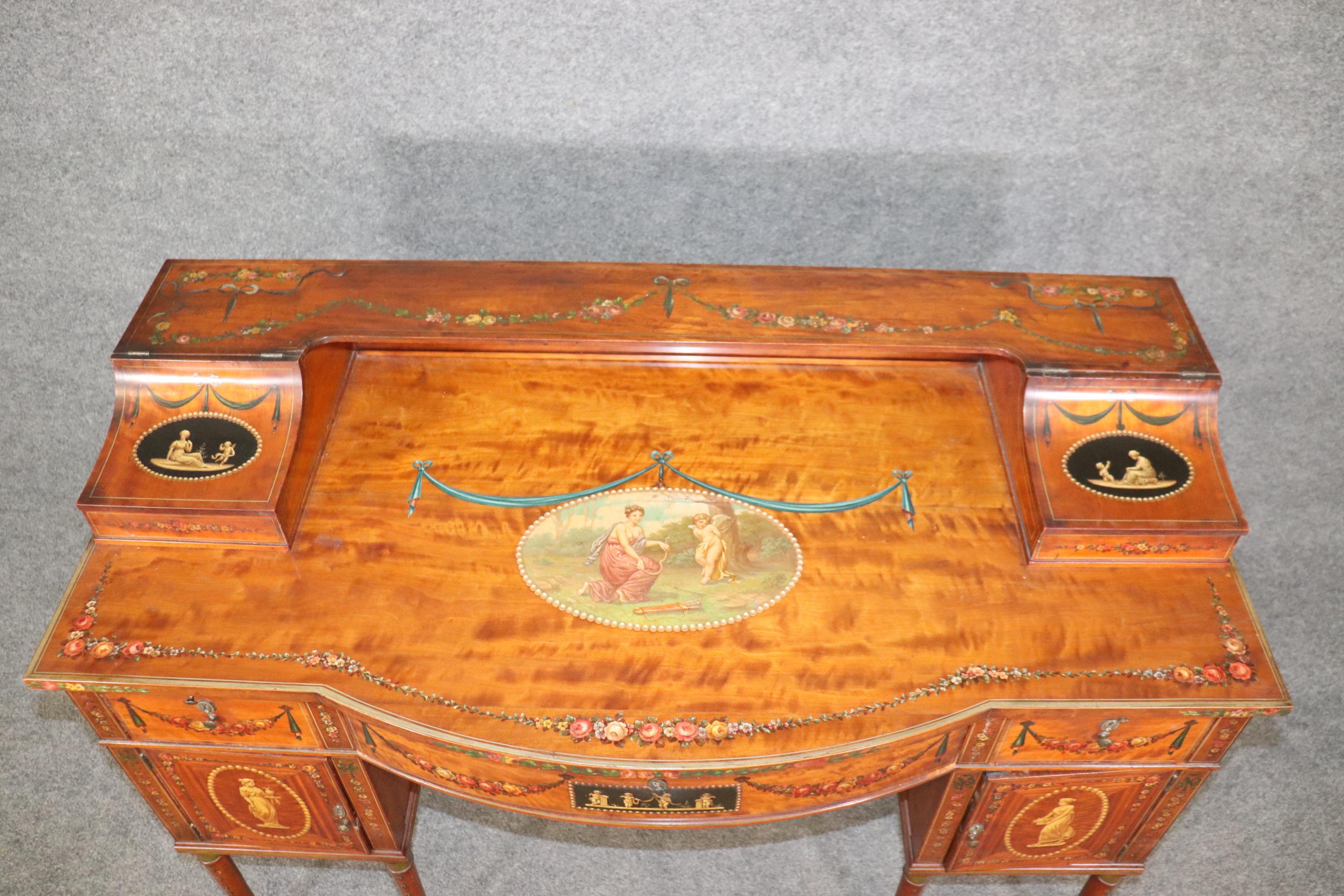 Superb English Paint Decorated Adams Satinwood Carlton House Desk Circa 1890s For Sale 1
