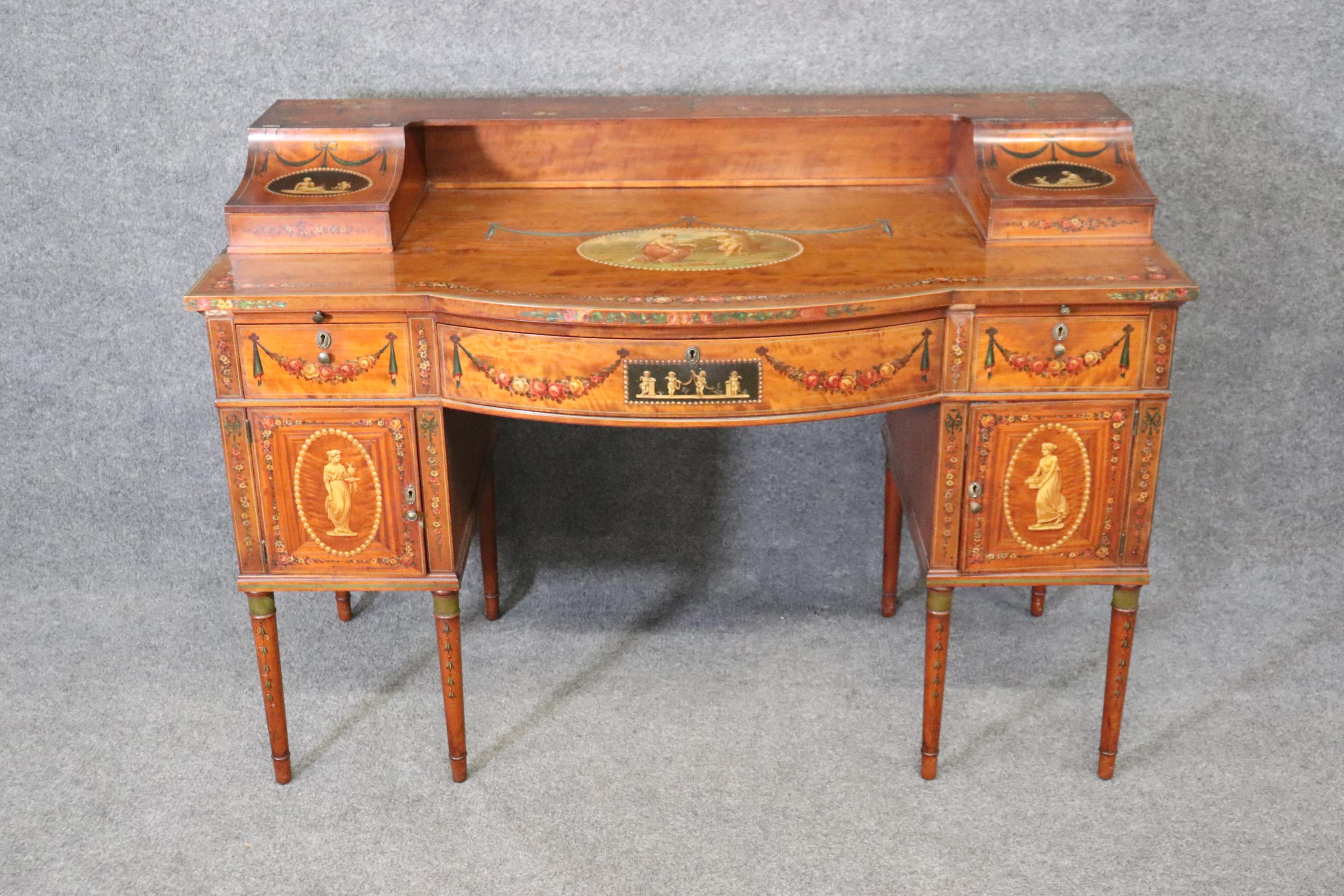 Superb English Paint Decorated Adams Satinwood Carlton House Desk Circa 1890s For Sale 2